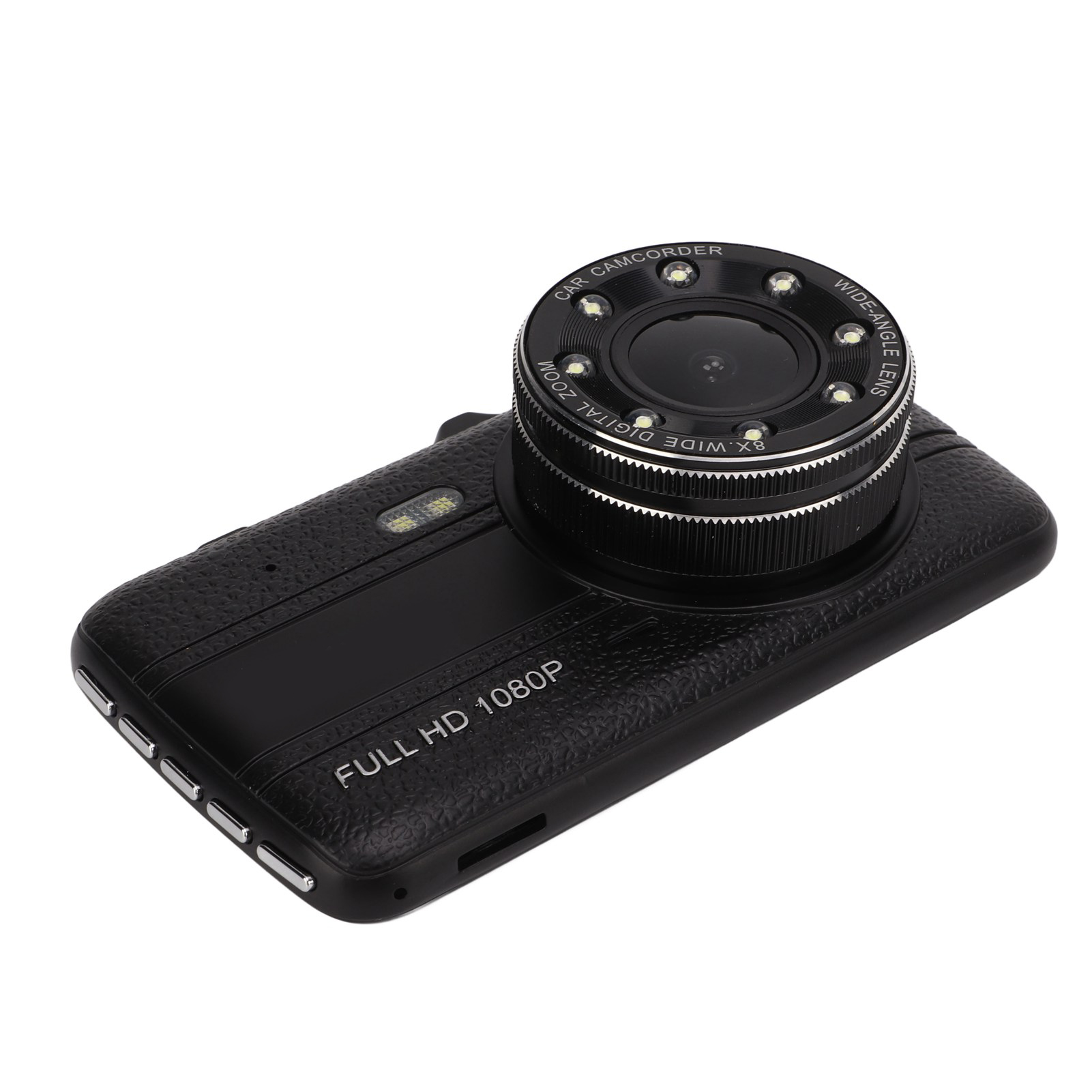 Schwarzer Auto-Camcorder auf weißem Hintergrund. Er hat ein Weitwinkelobjektiv und 8x Digitalzoom. Er liest 'Full HD 1080P'.