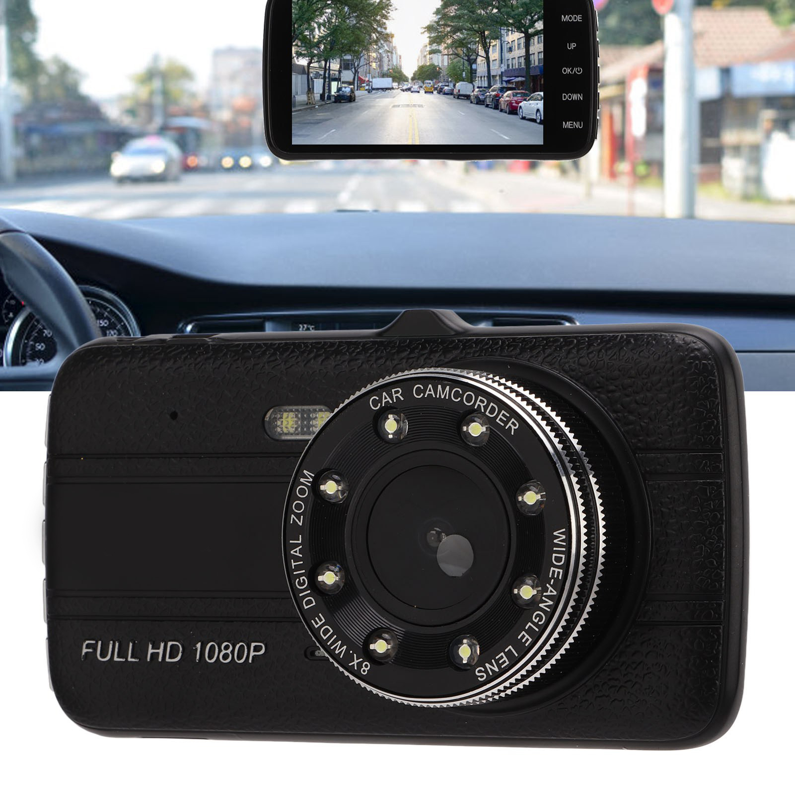 Ein schwarzer Auto-Camcorder mit Weitwinkelobjektiv liegt auf dem Armaturenbrett, mit Straßenansicht.