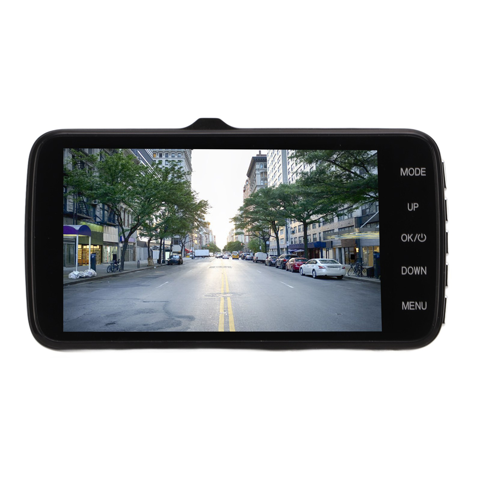 Dashcam zeigt eine Stadtstraße mit Autos und Gebäuden. Knöpfe befinden sich auf der rechten Seite.