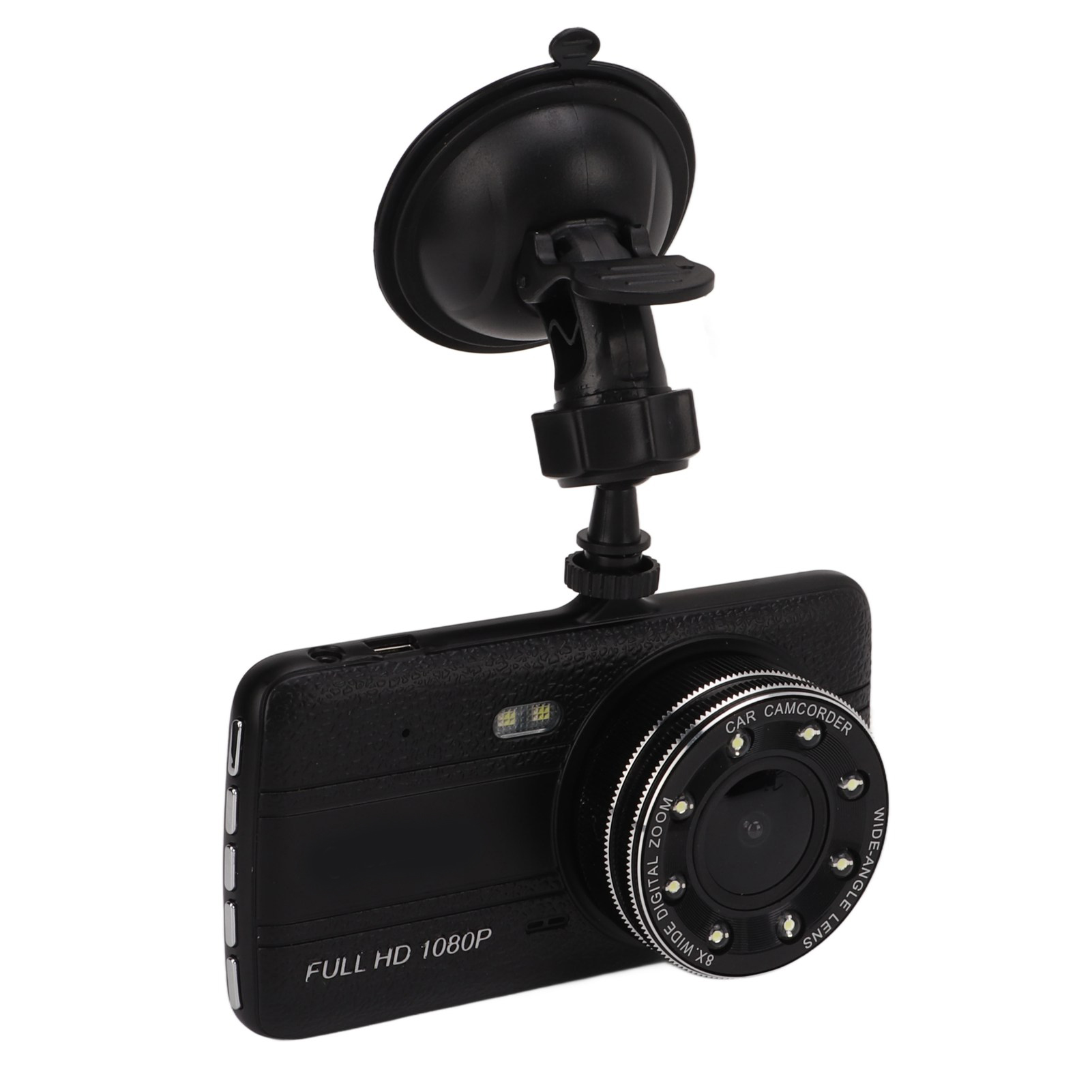 Schwarze Auto-Camcorder mit Saugnapfhalterung. Enthält ein Objektiv mit LED-Leuchten und den Text 'FULL HD 1080P'.