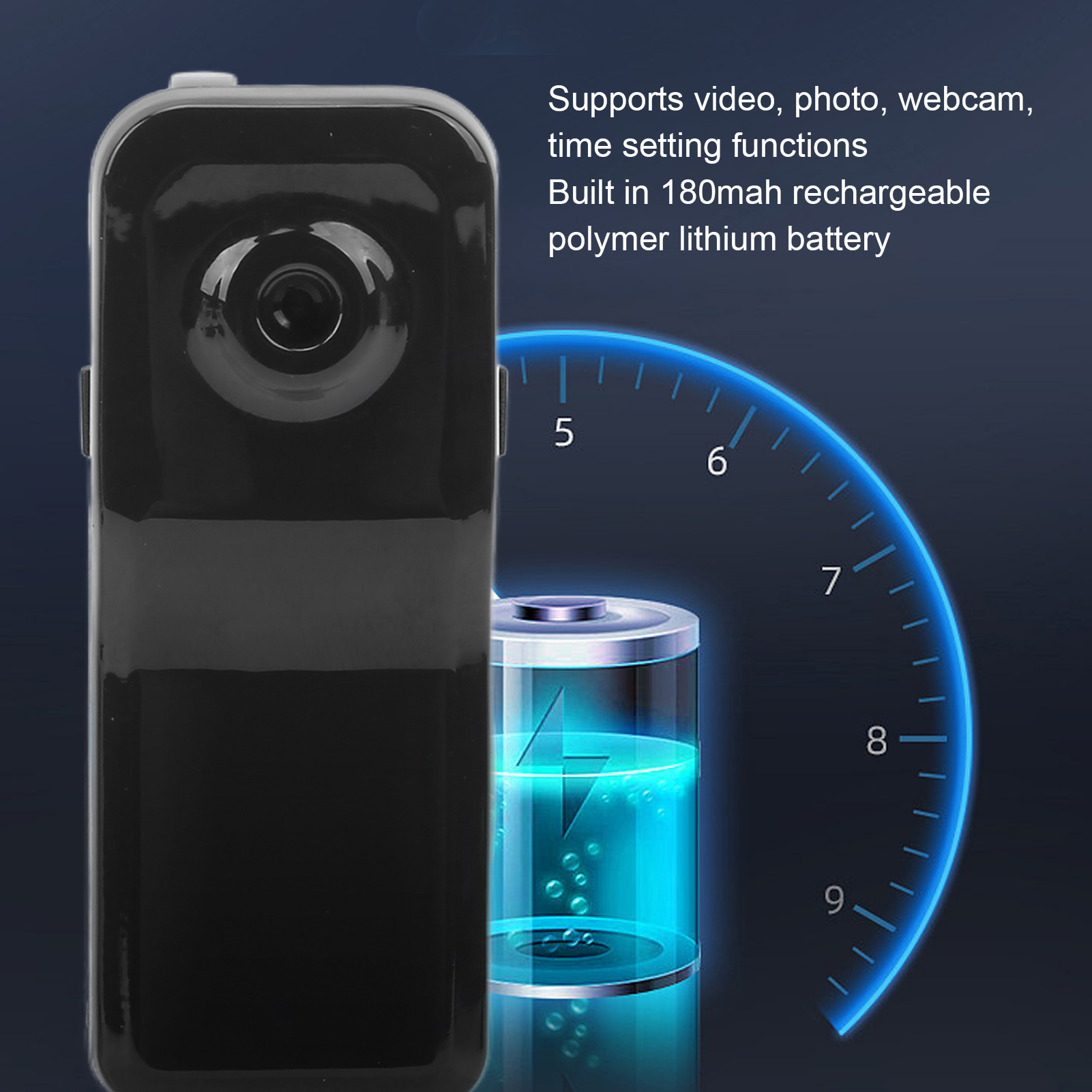Schwarze rechteckige Kamera mit Objektiv, Batteriesymbol und blauem Messgerät auf dunklem Hintergrund.