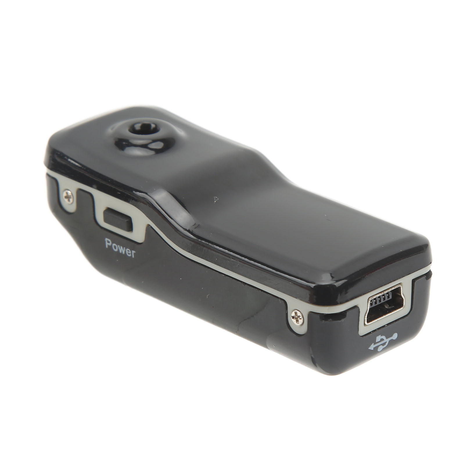 Eine schwarze Mini-Kamera mit USB-Anschluss und Ein- / Aus-Taste auf weißem Hintergrund.