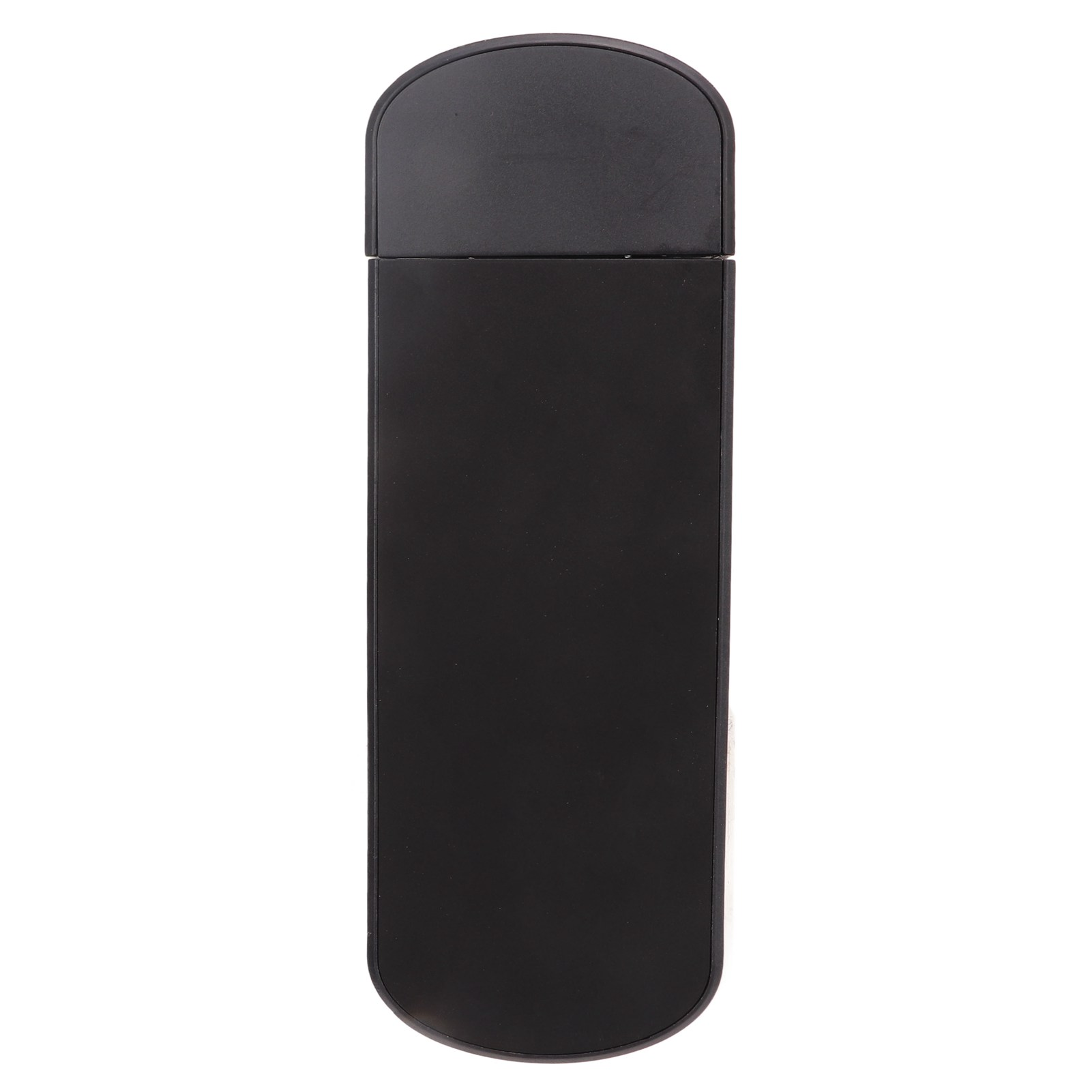 Ein schwarzer USB-Stick mit abgerundeter Ober- und Unterseite auf weißem Hintergrund.