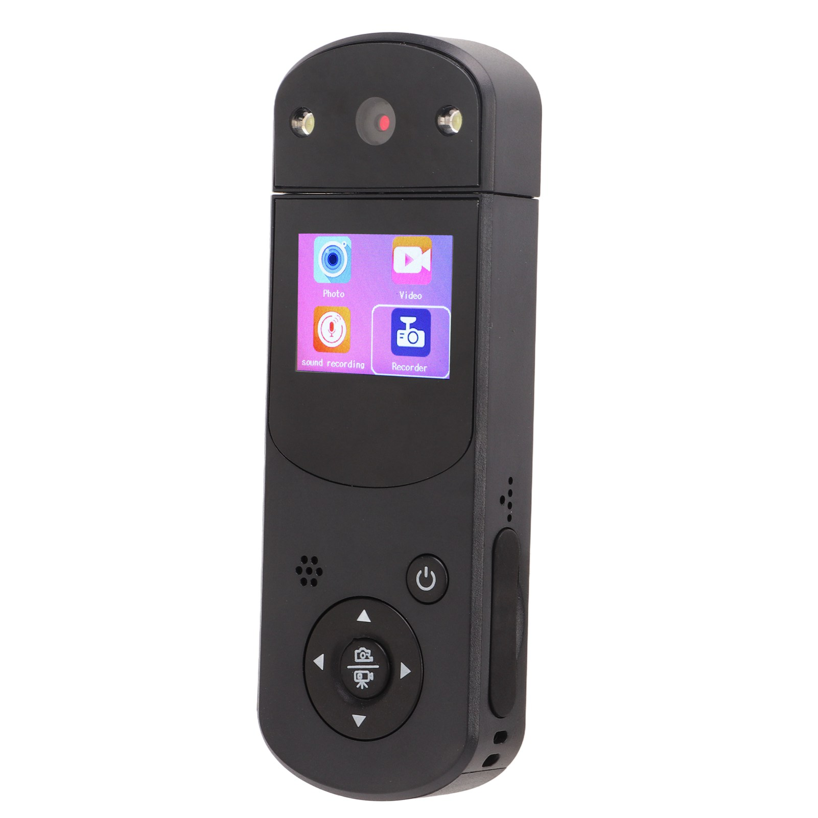 Schwarzer tragbarer Videorekorder. Er hat einen Bildschirm mit Foto-, Video-, Tonaufnahme- und Recorder-Optionen.