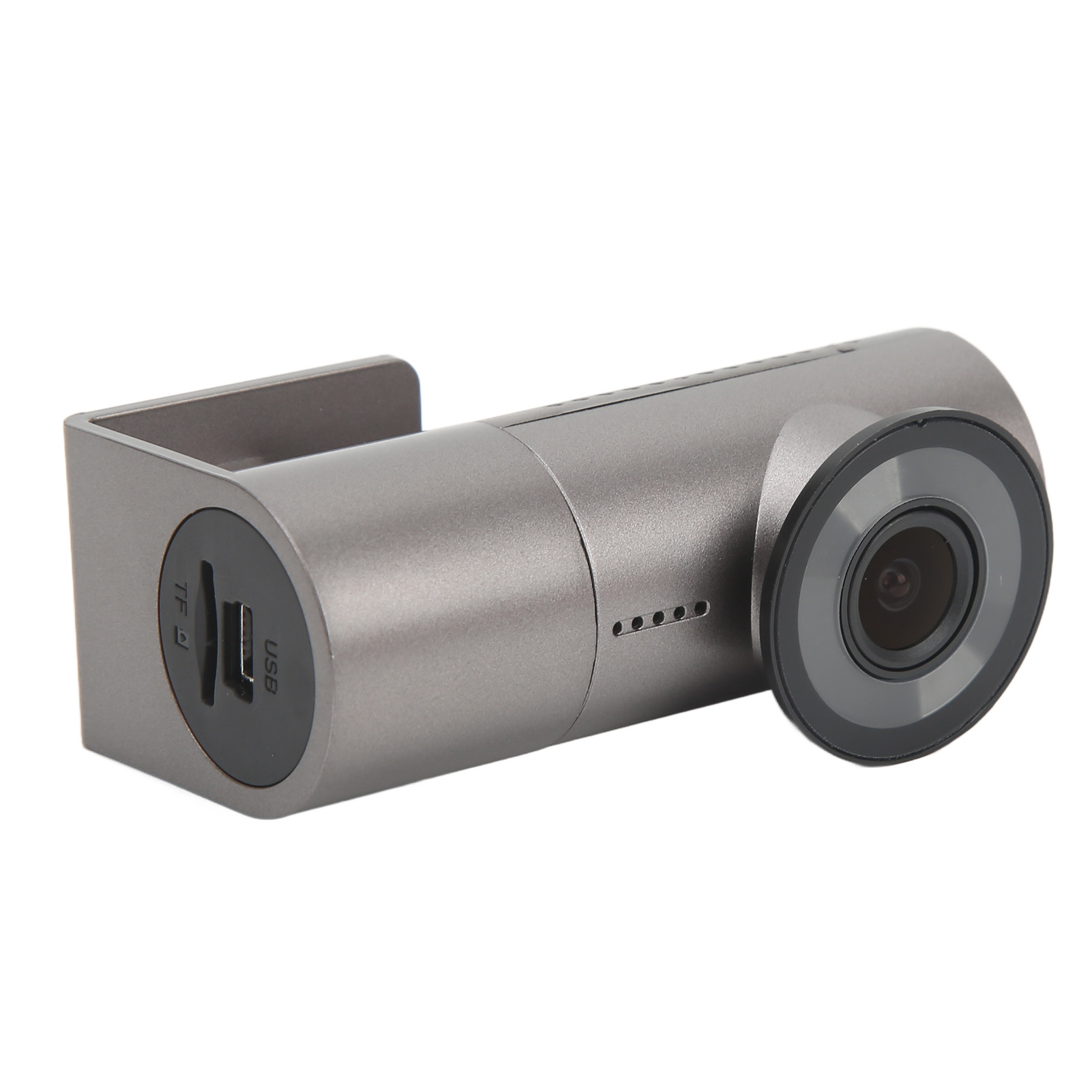 Graue Dashcam mit Objektiv, USB- und SD-Kartenanschlüssen und Halterung. Isoliert auf weißem Hintergrund.