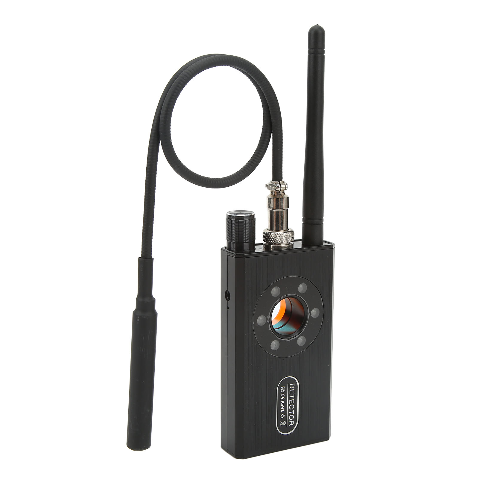 Ein schwarzes Detektorgerät mit flexiblem Schlauch und Antenne. Es hat eine runde Linse und Knöpfe, auf weißem Hintergrund.
