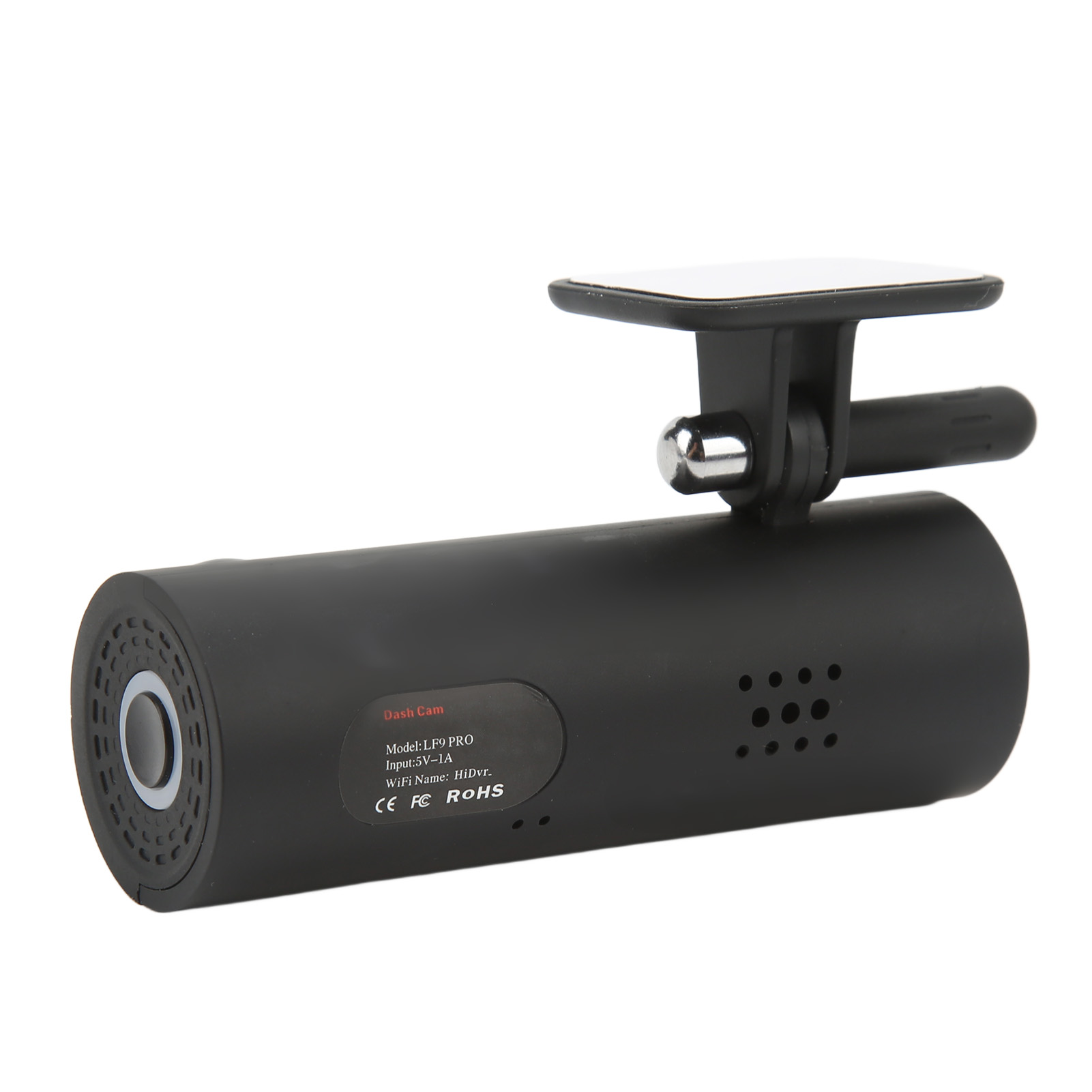 Eine schwarze Dashcam mit Halterung. Auf der Kamera steht 'Dash Cam', 'LF9 PRO', 'HiDvr' und 'ROHS'.