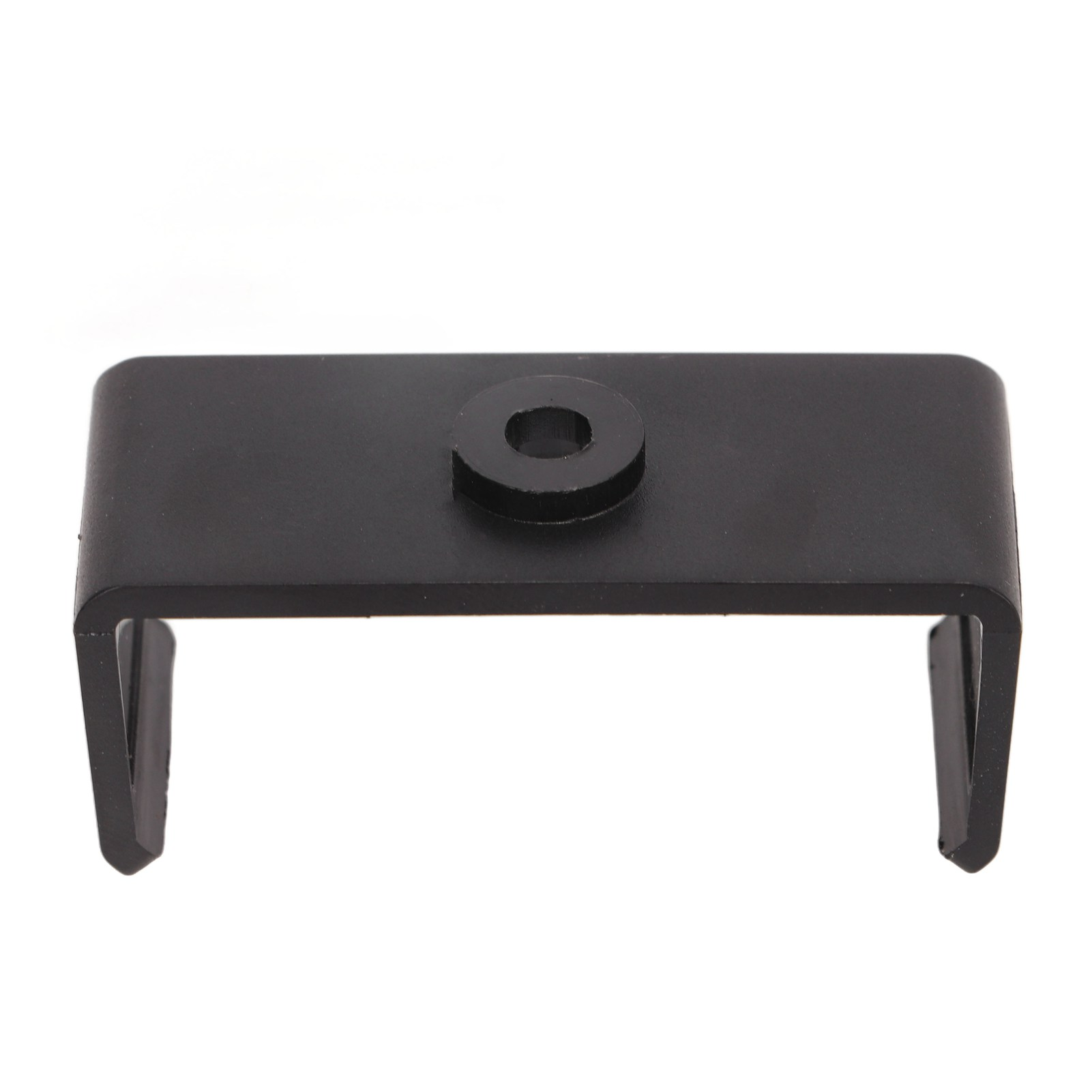 Eine schwarze Metallhalterung mit einem kreisförmigen Loch oben und zwei Beinen unten, vor weißem Hintergrund.