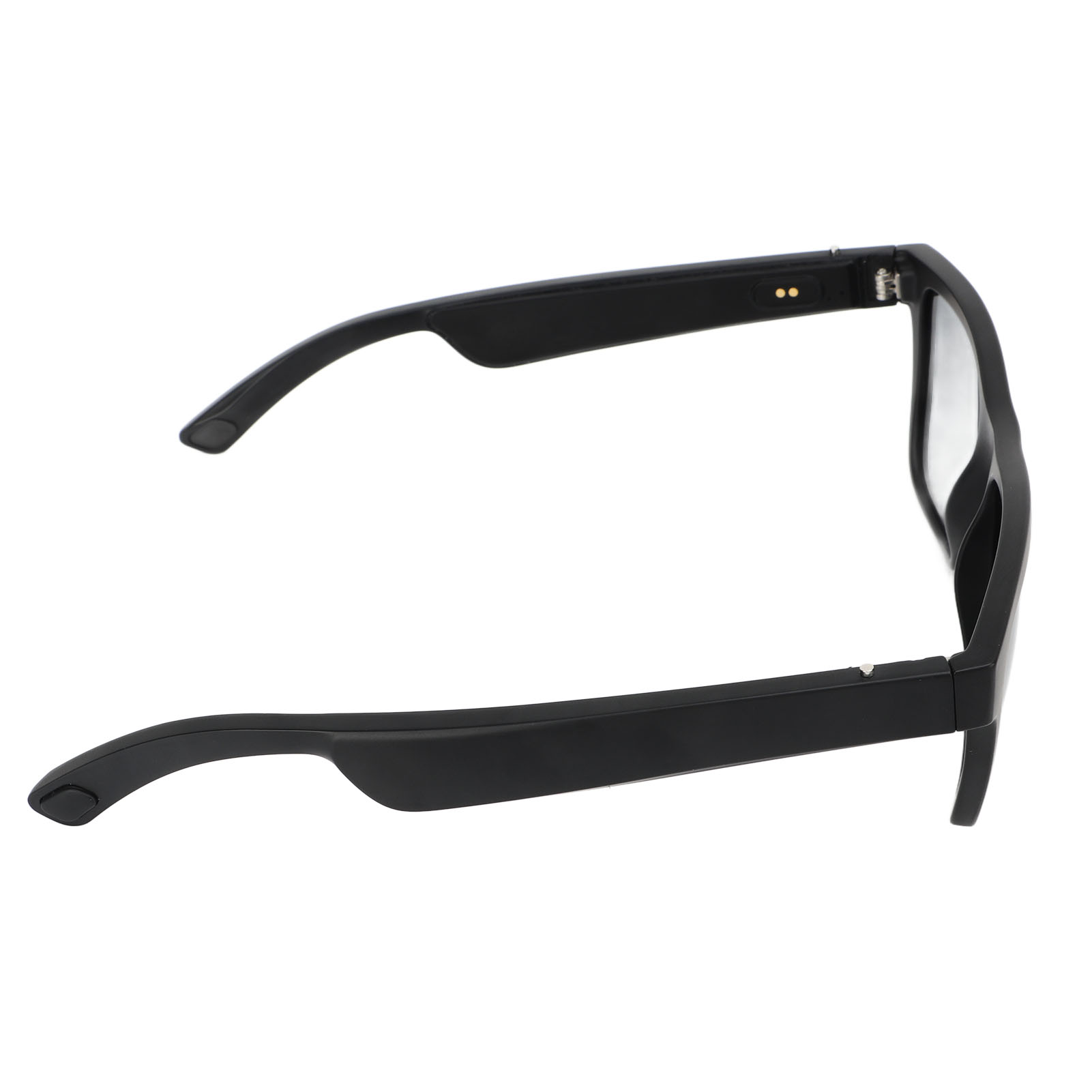 Schwarze intelligente Sonnenbrille. Seitenansicht zeigt Rahmen und Bügel. Die Gläser sind getönt. Die Bügel haben ein schlankes Design.