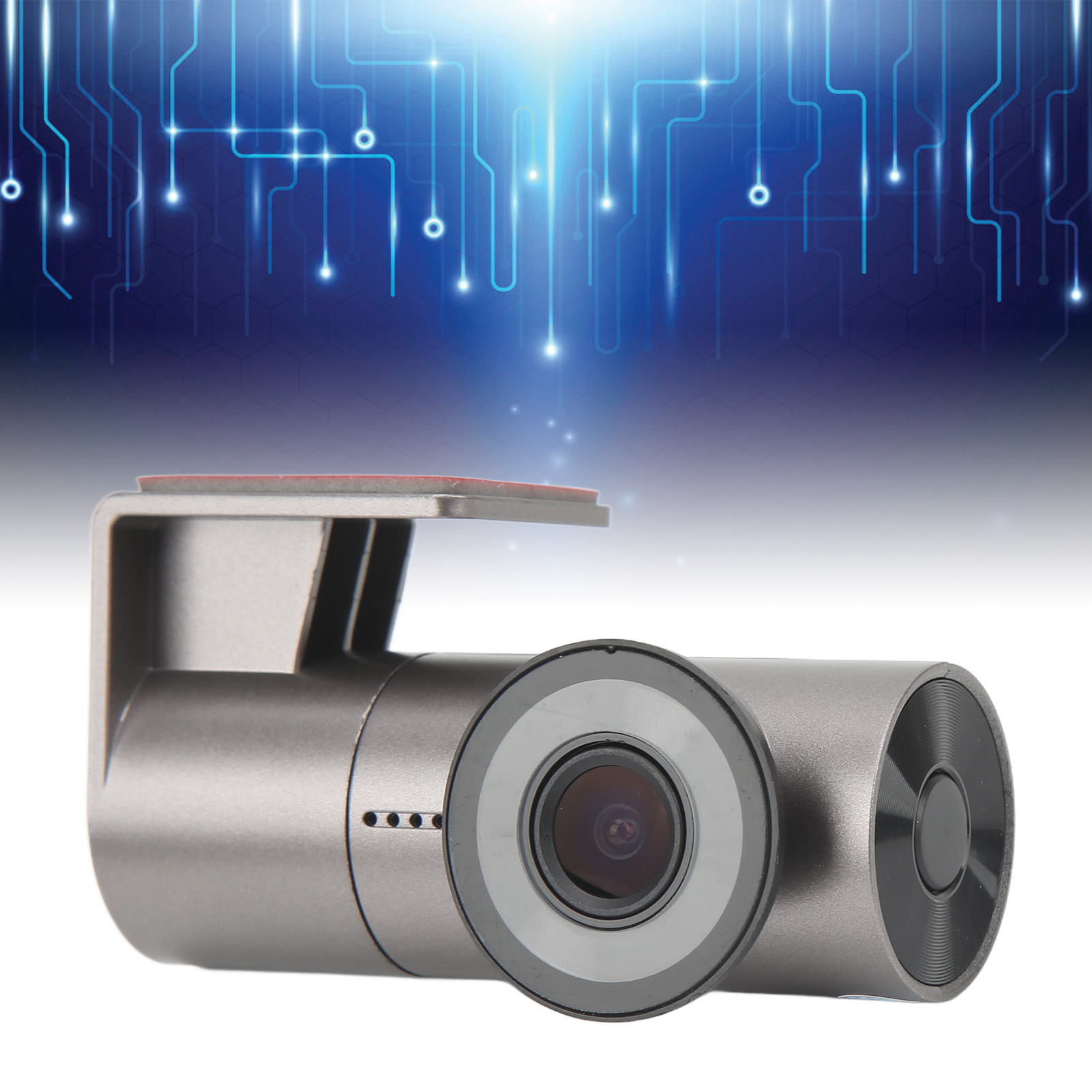 Graue Dashcam mit Linse. Der Hintergrund hat ein blaues Leiterplattendesign.