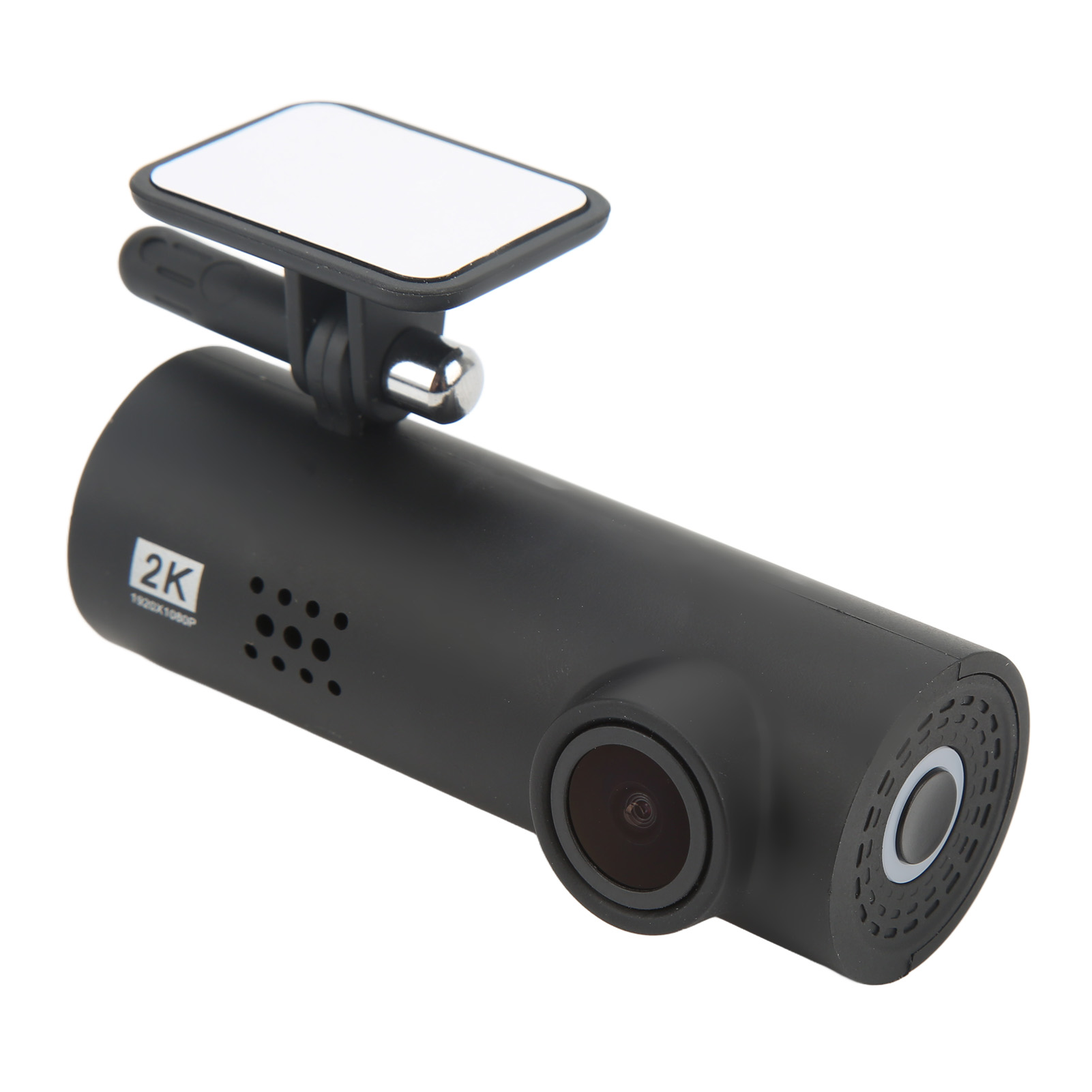 Eine schwarze Dashcam mit einem weißen Bildschirm oben. Es hat ein Objektiv, und 2K 1920x1080P ist auf der Seite aufgedruckt.