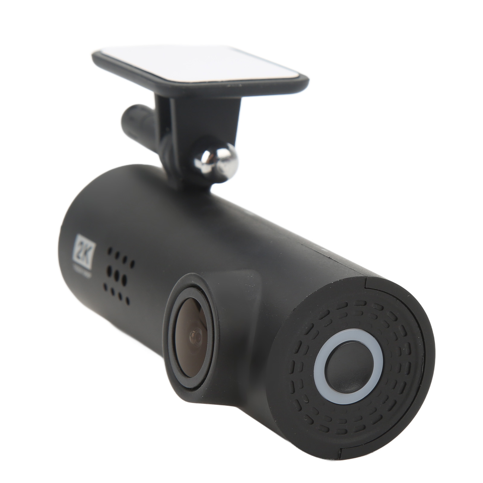 Schwarze Dashcam mit Objektiv, Halterung und weißem Klebepad. Isoliert auf weißem Hintergrund. 2K-Auflösung.