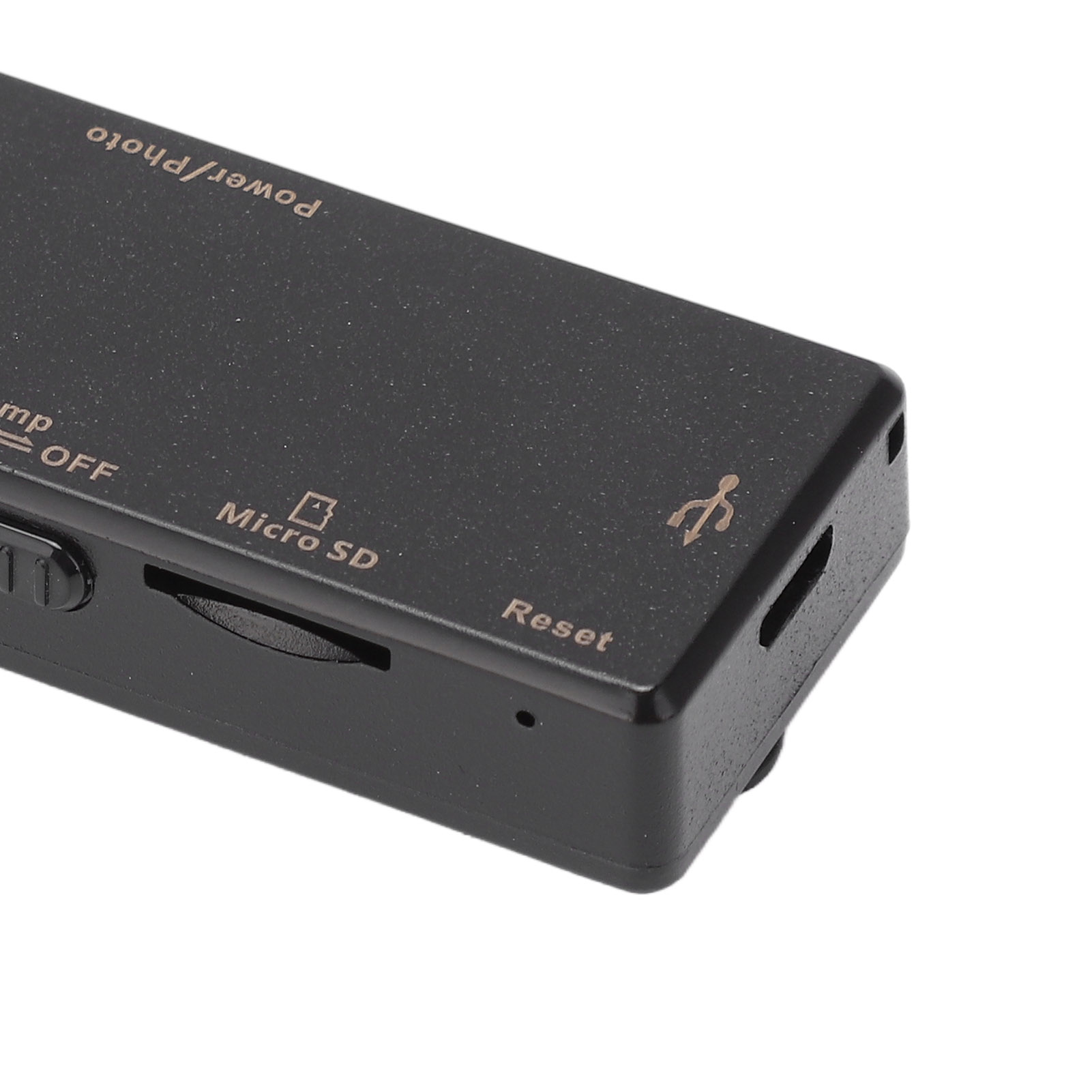 Schwarzes rechteckiges Gerät mit den Aufschriften 'Power/Photo', 'Micro SD', 'Reset' und einem USB-Symbol auf weißem Hintergrund.