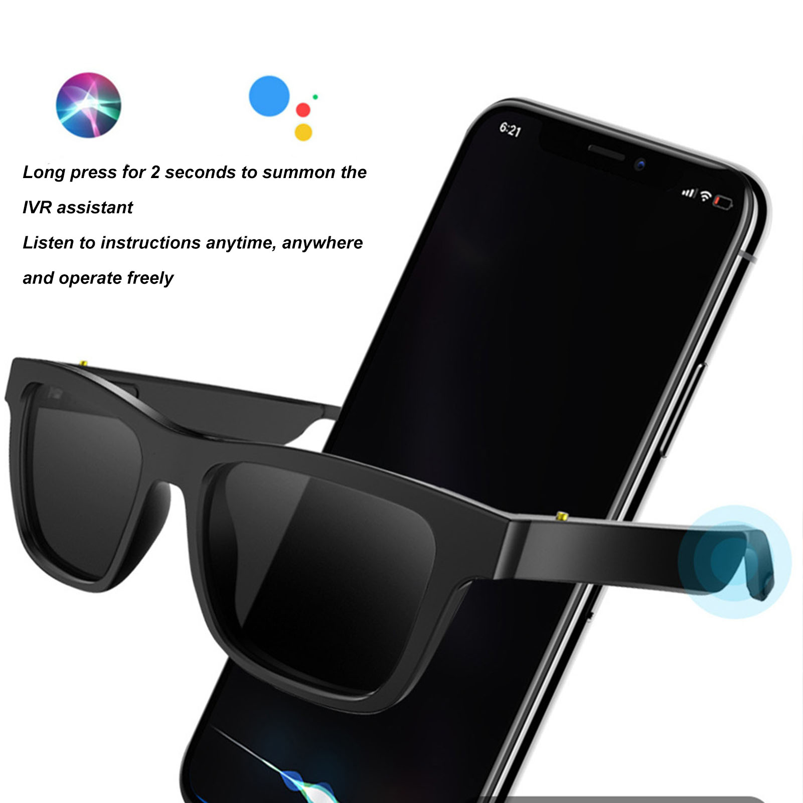Schwarze Smartglasses auf einem Telefon. Text: 'Lange drücken...um IVR-Assistenten aufzurufen.' Das Telefon zeigt Zeit und Siri-Symbol.