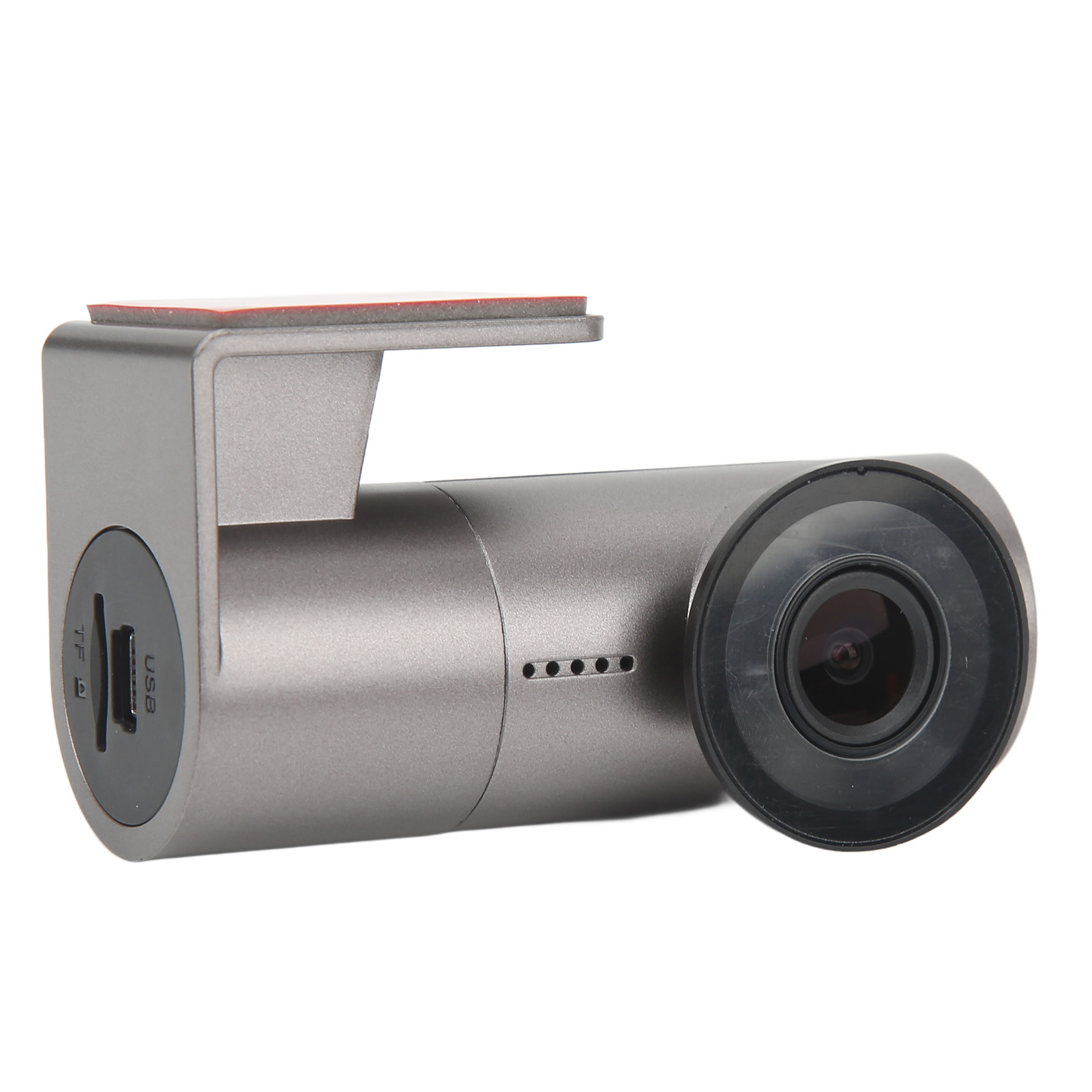Eine graue Dashcam mit Objektiv, USB- und TF-Anschlüssen und einer Halterung mit rotem Klebepad.