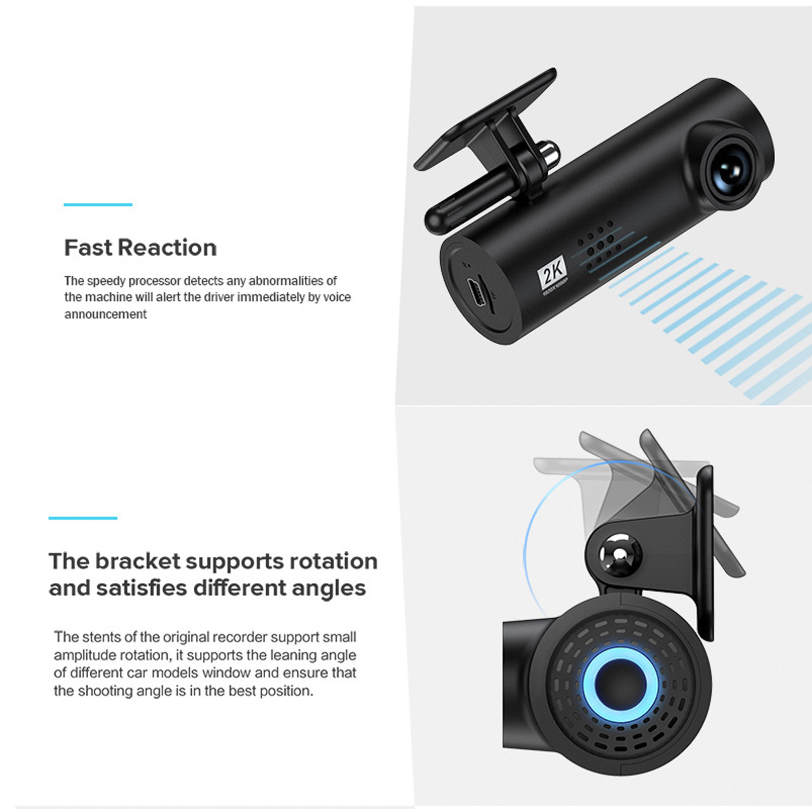Eine schwarze Dashcam mit drehbarer Halterung. Merkmale sind eine 2K-Kamera und blaues Licht. Text: Schnelle Reaktion, Halterungsrotation.