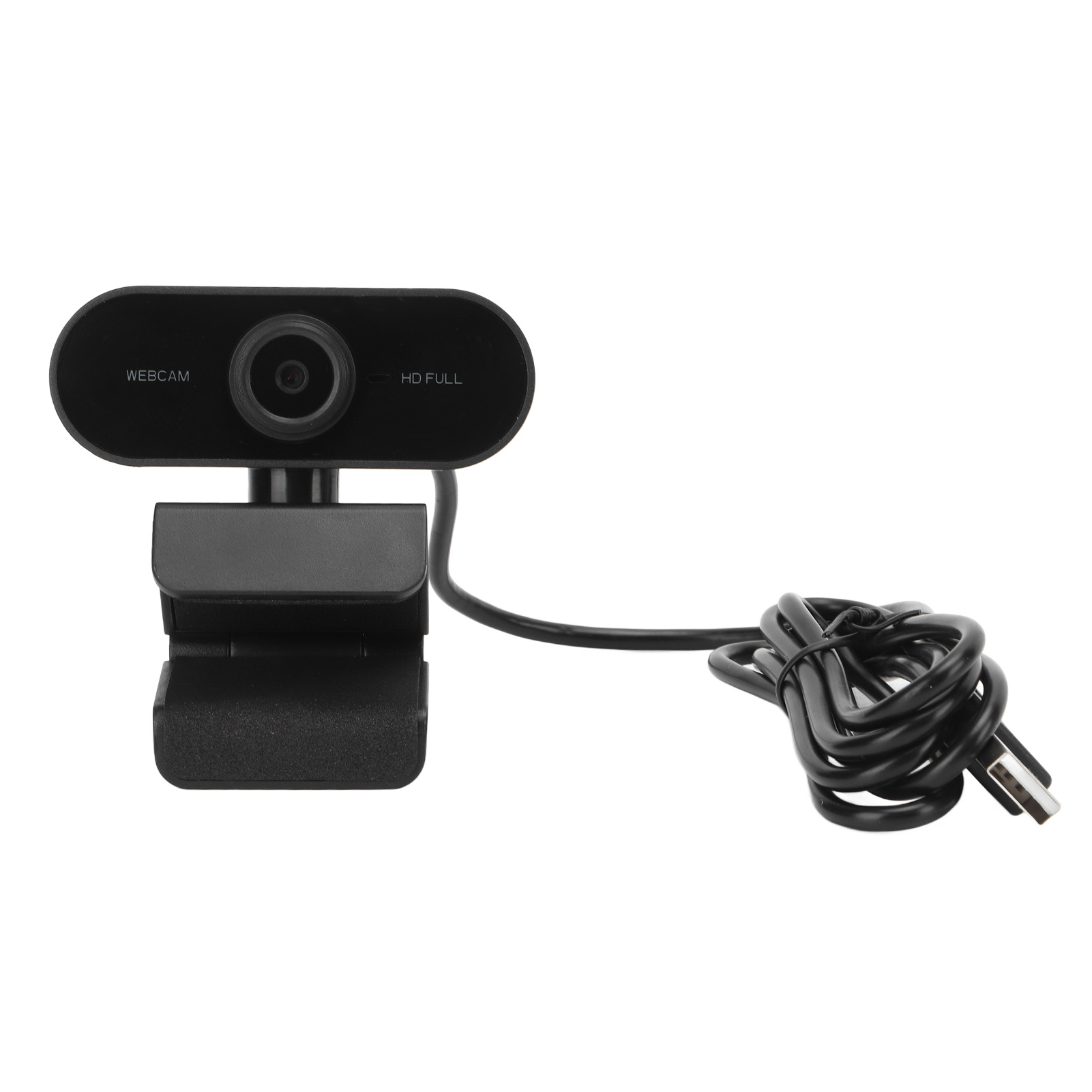 Eine schwarze Webcam mit Objektiv und Kabel auf weißem Hintergrund. Es hat die Aufschriften "WEBCAM" und "HD FULL".