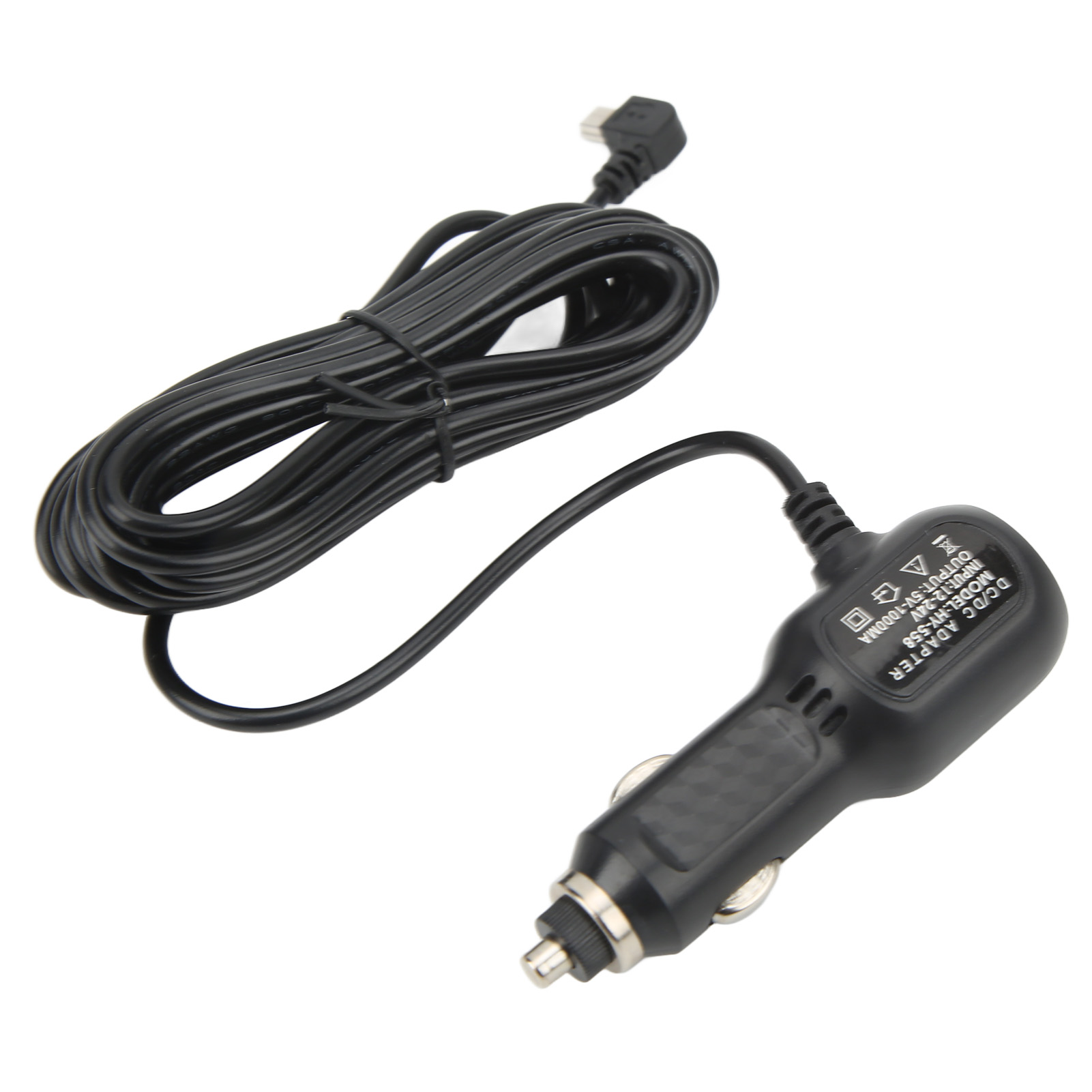 Ein schwarzer Autoladeadapter mit einem langen schwarzen Kabel. Der Adapter hat einen USB-Anschluss und einen Autostecker.