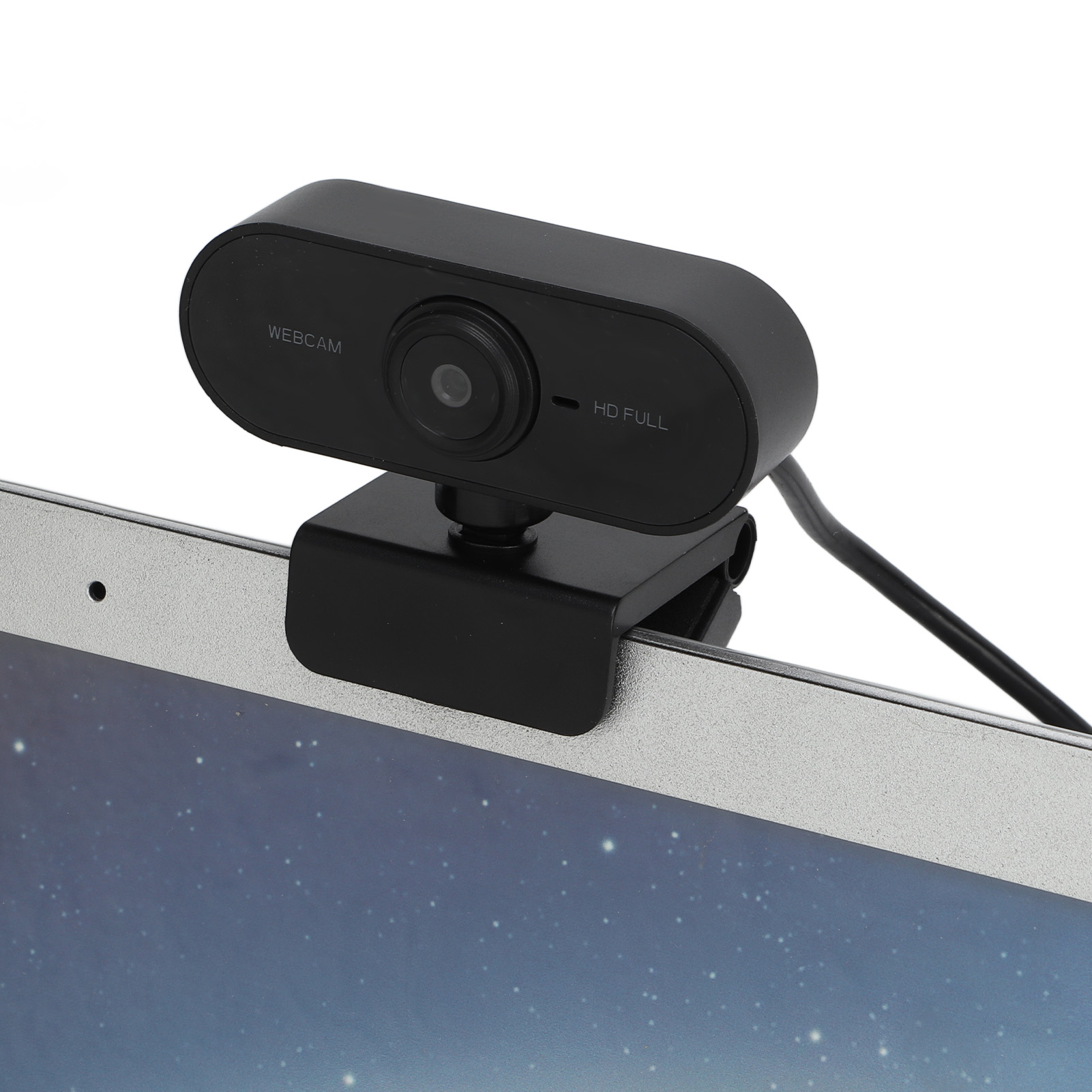 Eine schwarze Webcam an einem Laptop befestigt. Auf der Webcam steht das Wort 'WEBCAM'. Der Laptop-Bildschirm ist sichtbar.