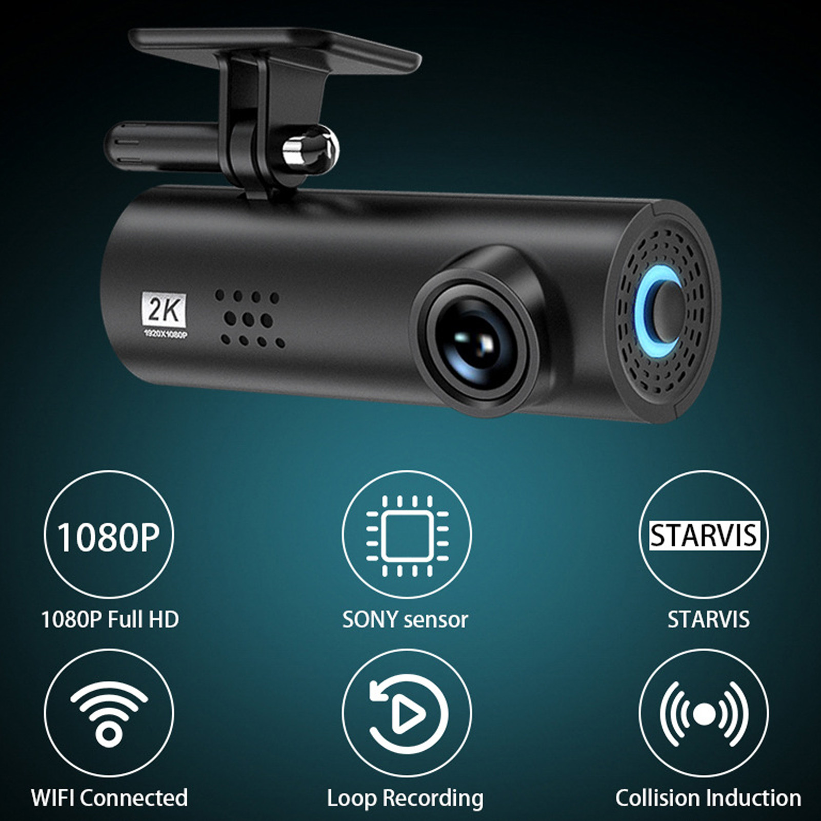 Eine schwarze Dashcam mit Etiketten für 1080P, WLAN, Sony-Sensor, Starvis, Loop-Aufnahme und Kollisionsinduktion.