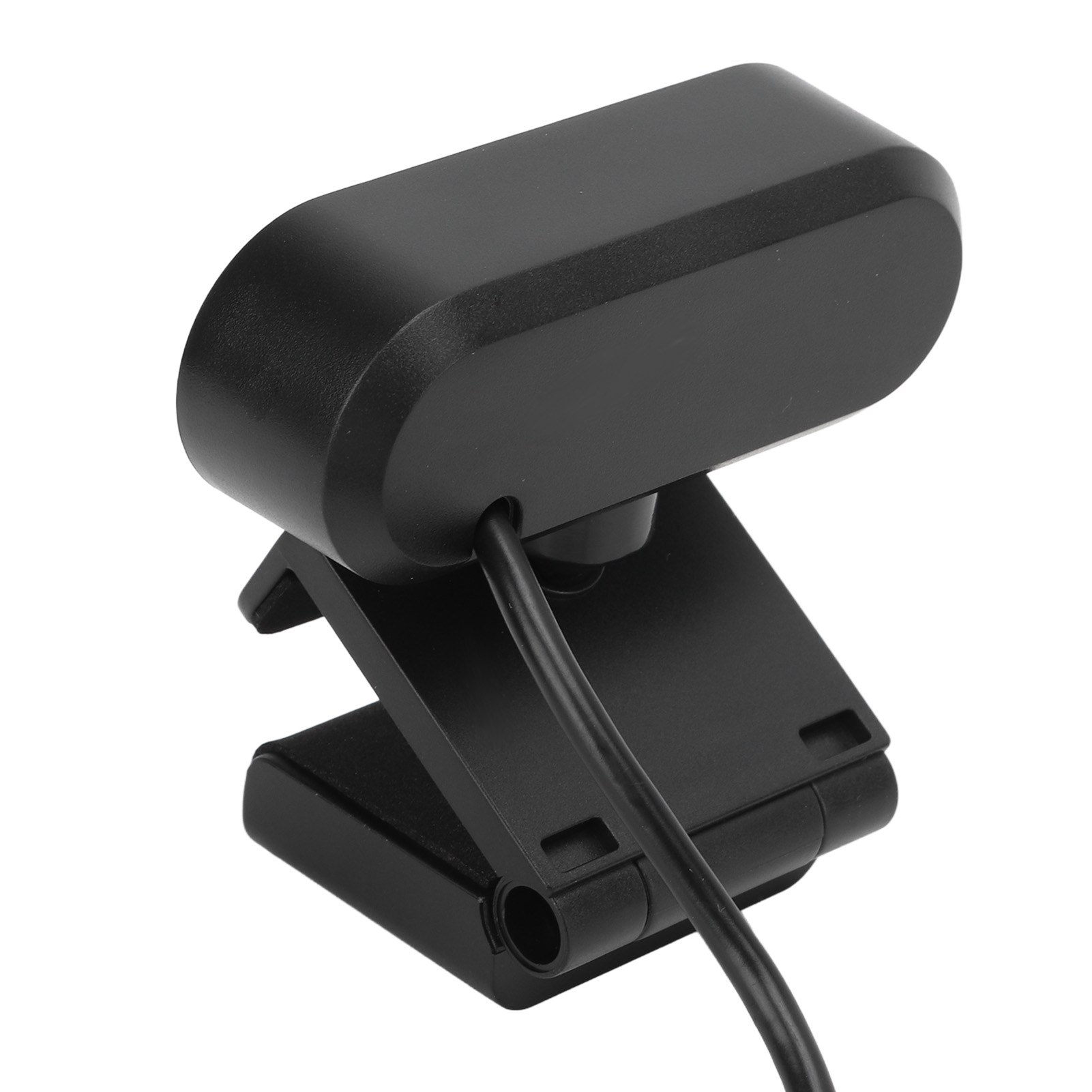 Eine schwarze Webcam, rechteckige Form auf einem schwarzen Ständer mit angeschlossenem Kabel. Weißer Hintergrund.