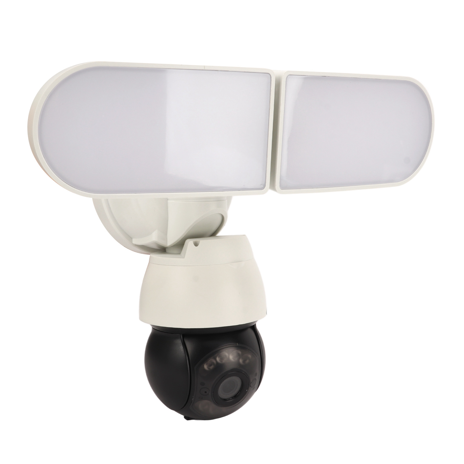 Sicherheitskamera mit zwei weißen LED-Leuchten. Die Kamera ist schwarz und weiß und auf weißem Untergrund montiert.