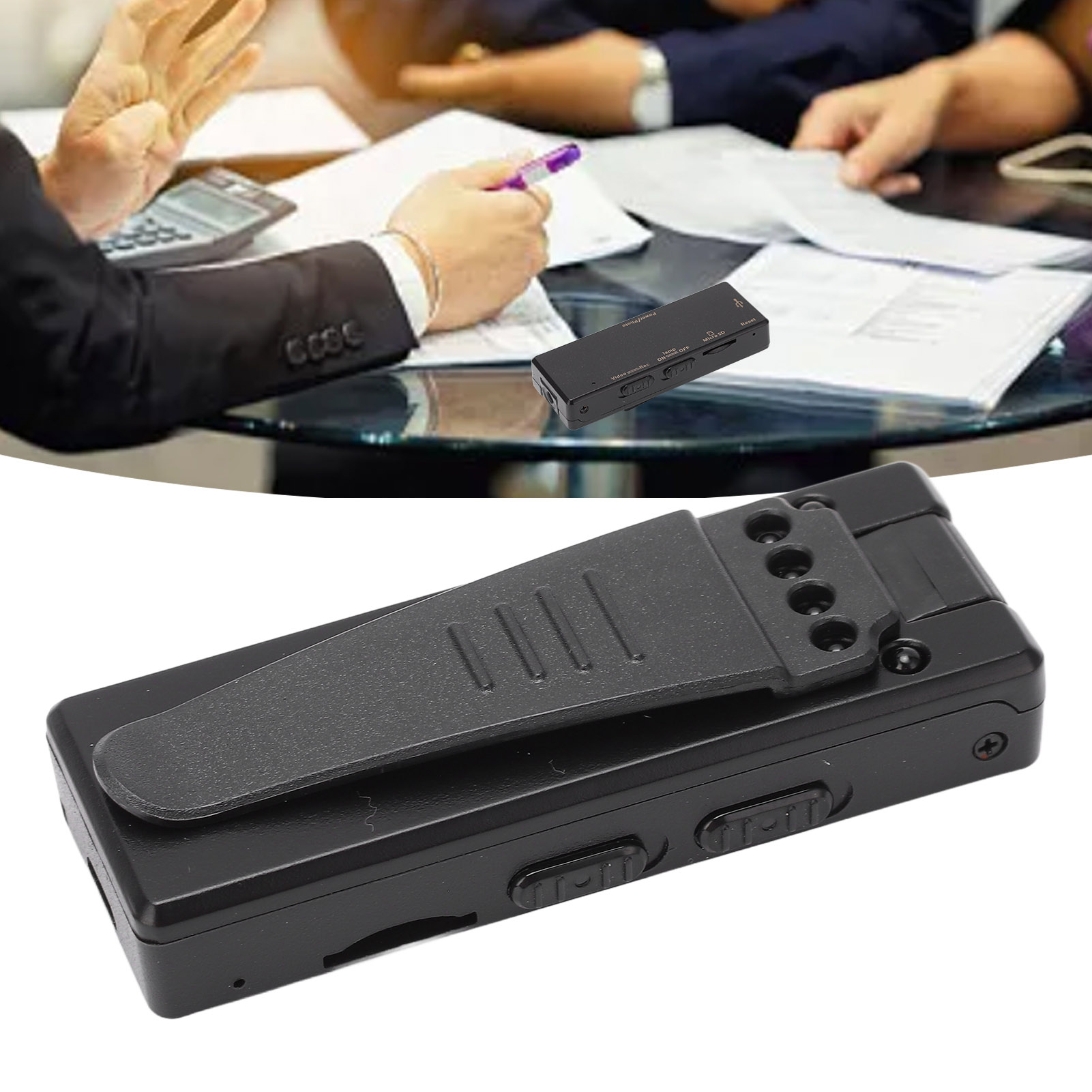 Schwarzer Rekorder mit Clip, auf einem Tisch. Menschen diskutieren Dokumente. Ein Taschenrechner ist ebenfalls sichtbar.