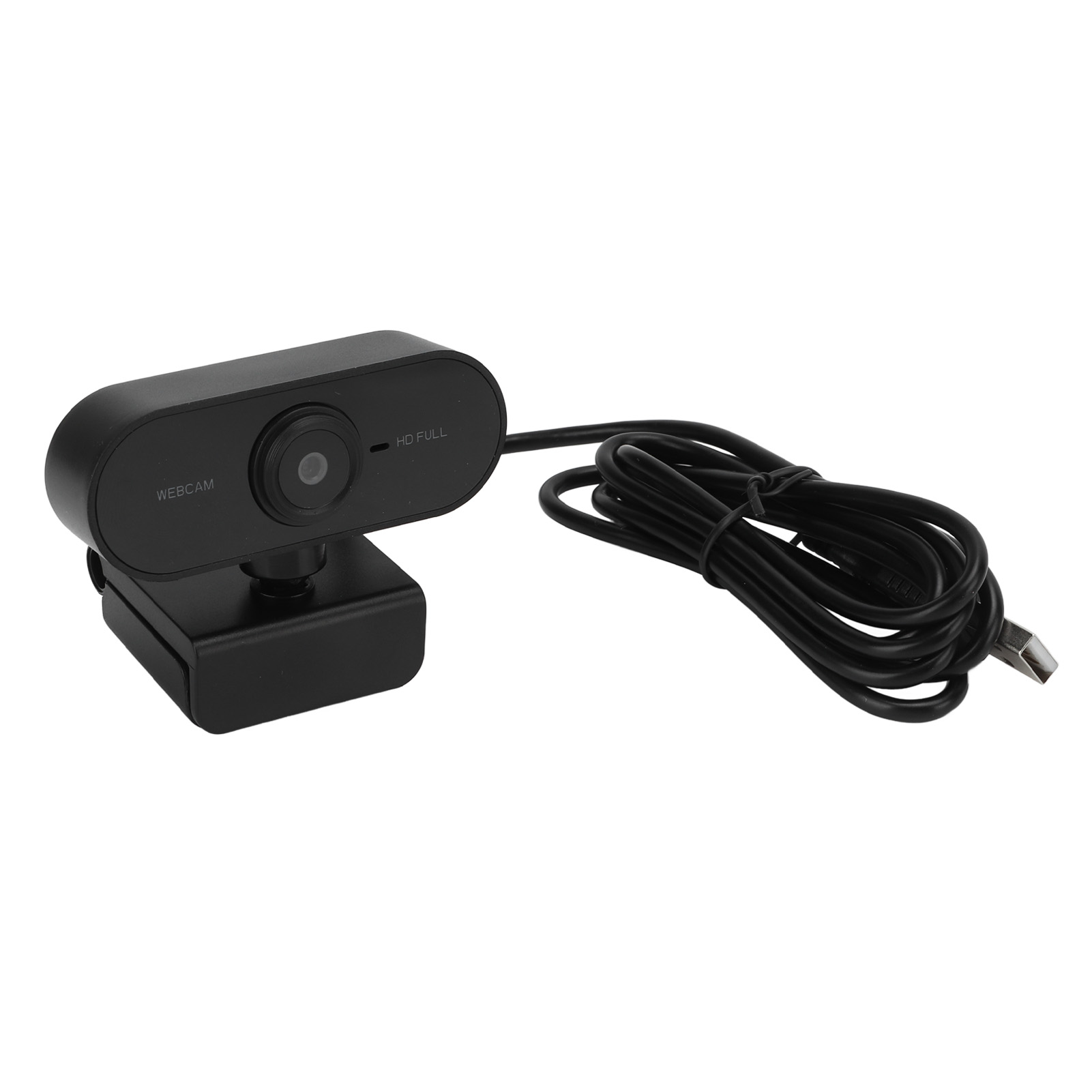 Eine schwarze Webcam mit Kabel. Sie hat 'WEBCAM' und 'HD FULL'. Das Kabel ist schwarz und aufgerollt.