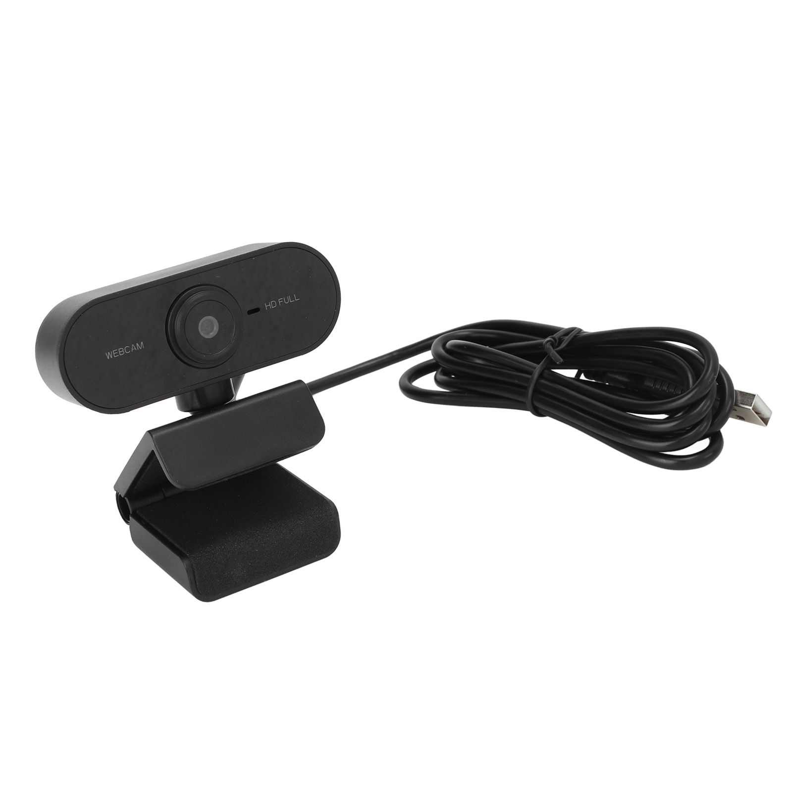 Schwarze Webcam mit Clip, an einem schwarzen Kabel mit USB-Anschluss, auf weißem Hintergrund.