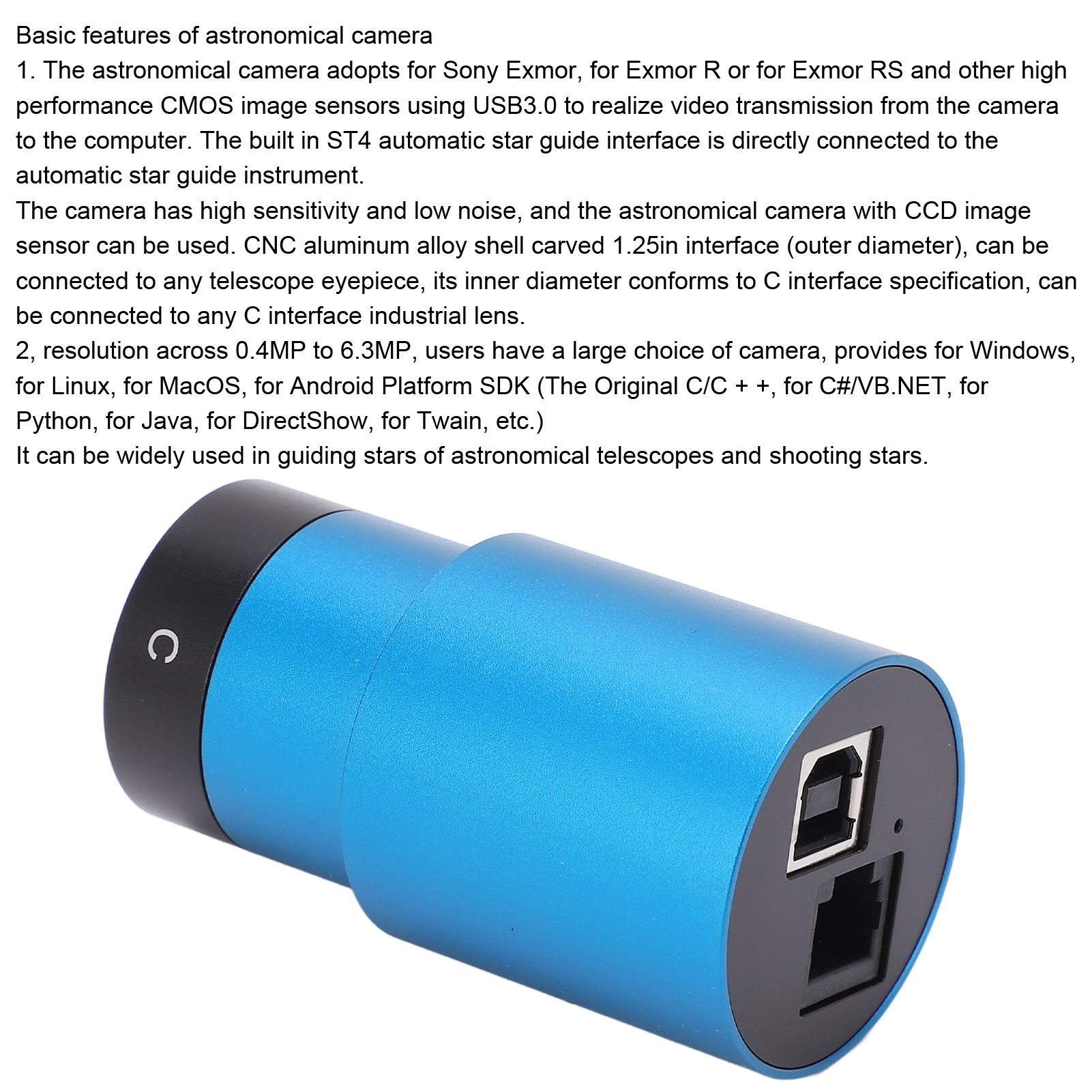 Blaue astronomische Kamera mit USB-Anschlüssen. Sie hat ein schwarzes Ende und einen silbernen Ring mit einem 'C'-Symbol.
