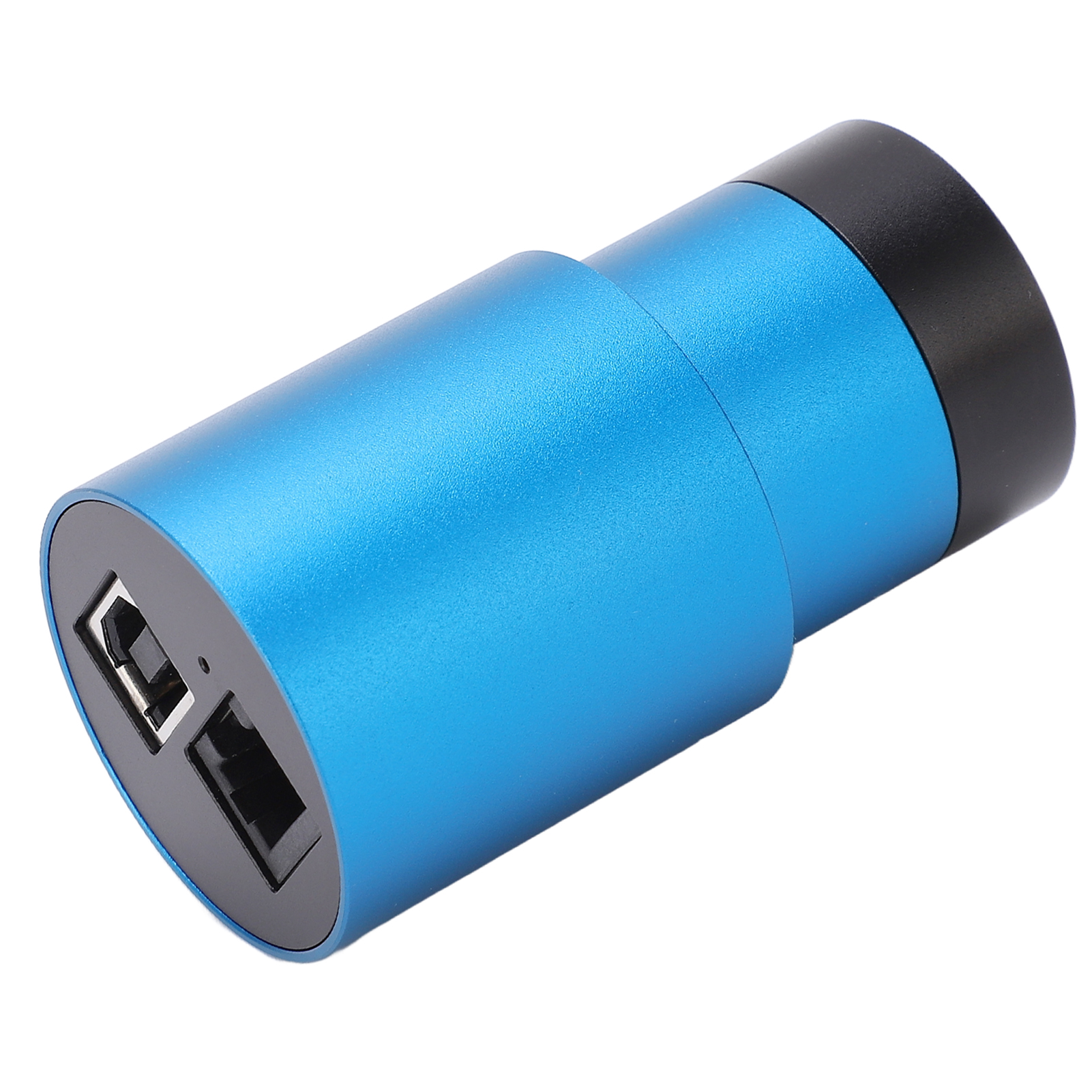 Ein blaues zylindrisches Gerät mit schwarzem Ende und USB-Anschlüssen. Es ist auf weißem Grund isoliert.