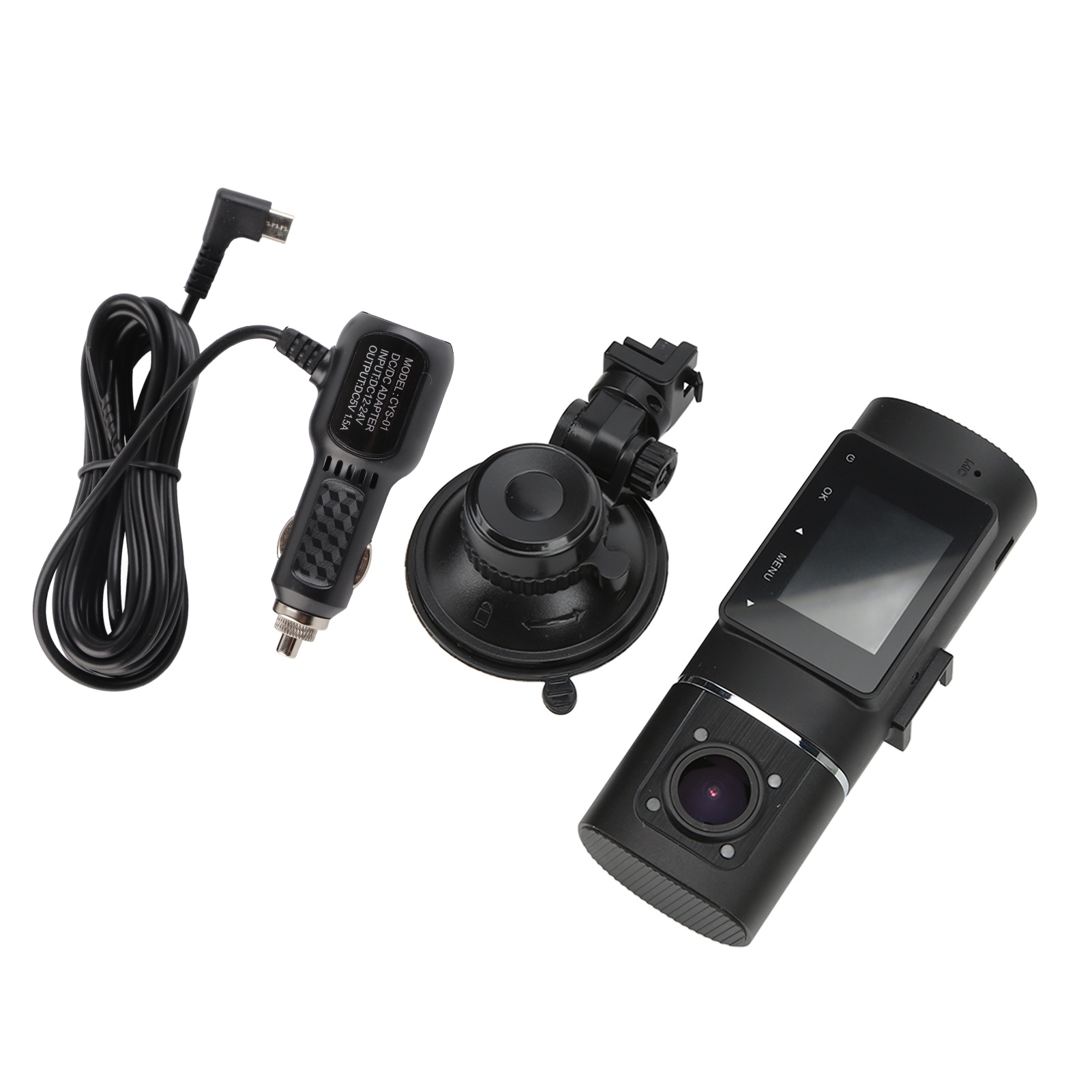 Ein schwarzes Dashcam-Kit mit Kamera, Saugnapfhalterung und Autoladegerät auf weißem Hintergrund.