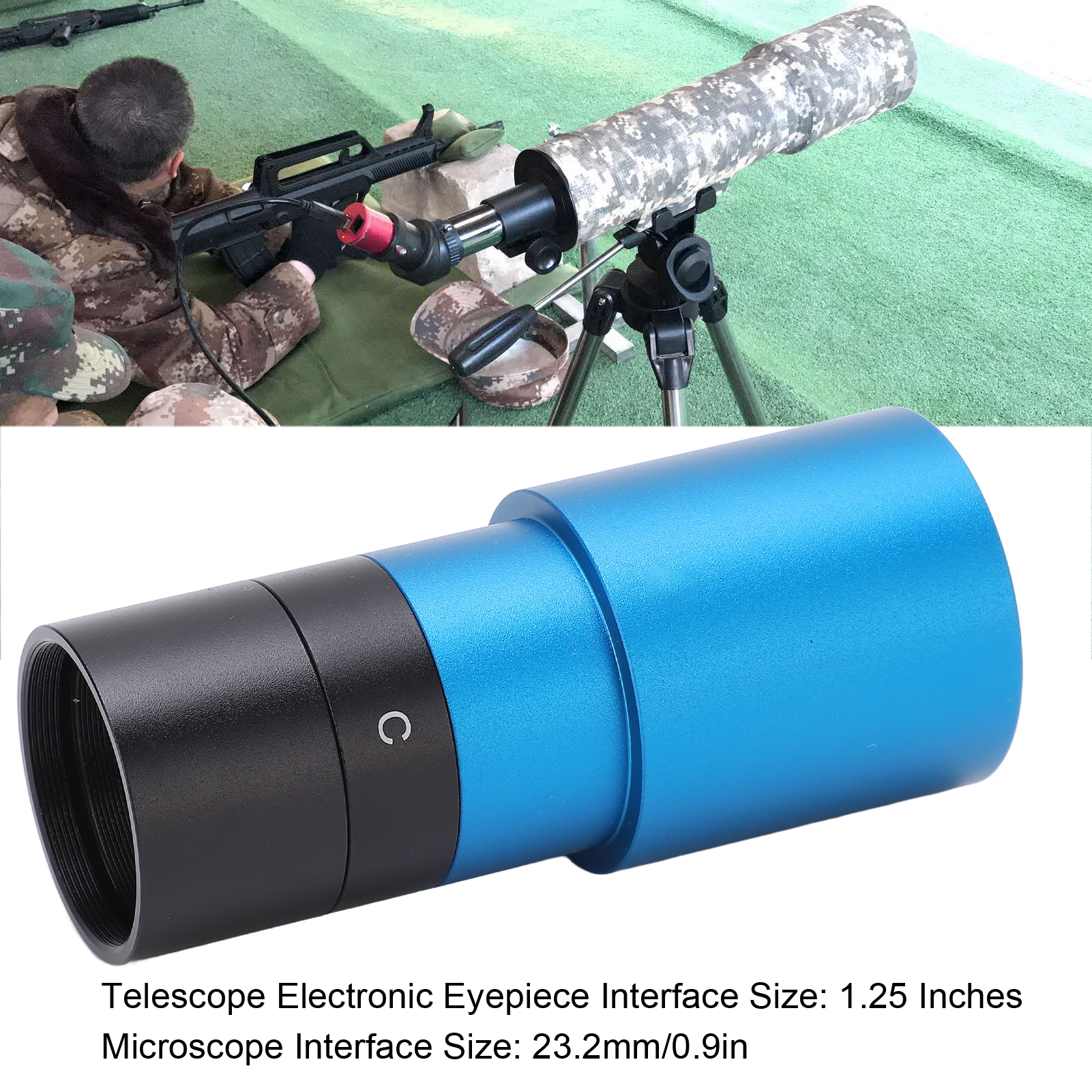 Eine Person zielt mit einem Gewehr mit Zielfernrohr, einem Teleskop auf einem Stativ und blauen und schwarzen Ausrüstungsteilen.
