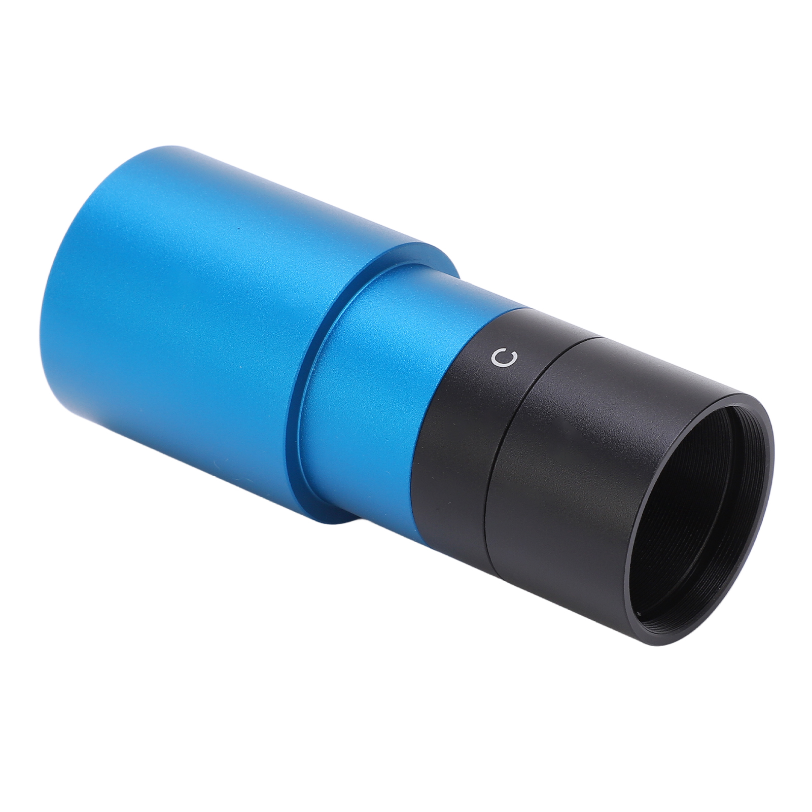 Ein blau-schwarzes metallisches zylindrisches Objekt. Die Oberseite ist blau, die Unterseite schwarz und hat ein C-Symbol.