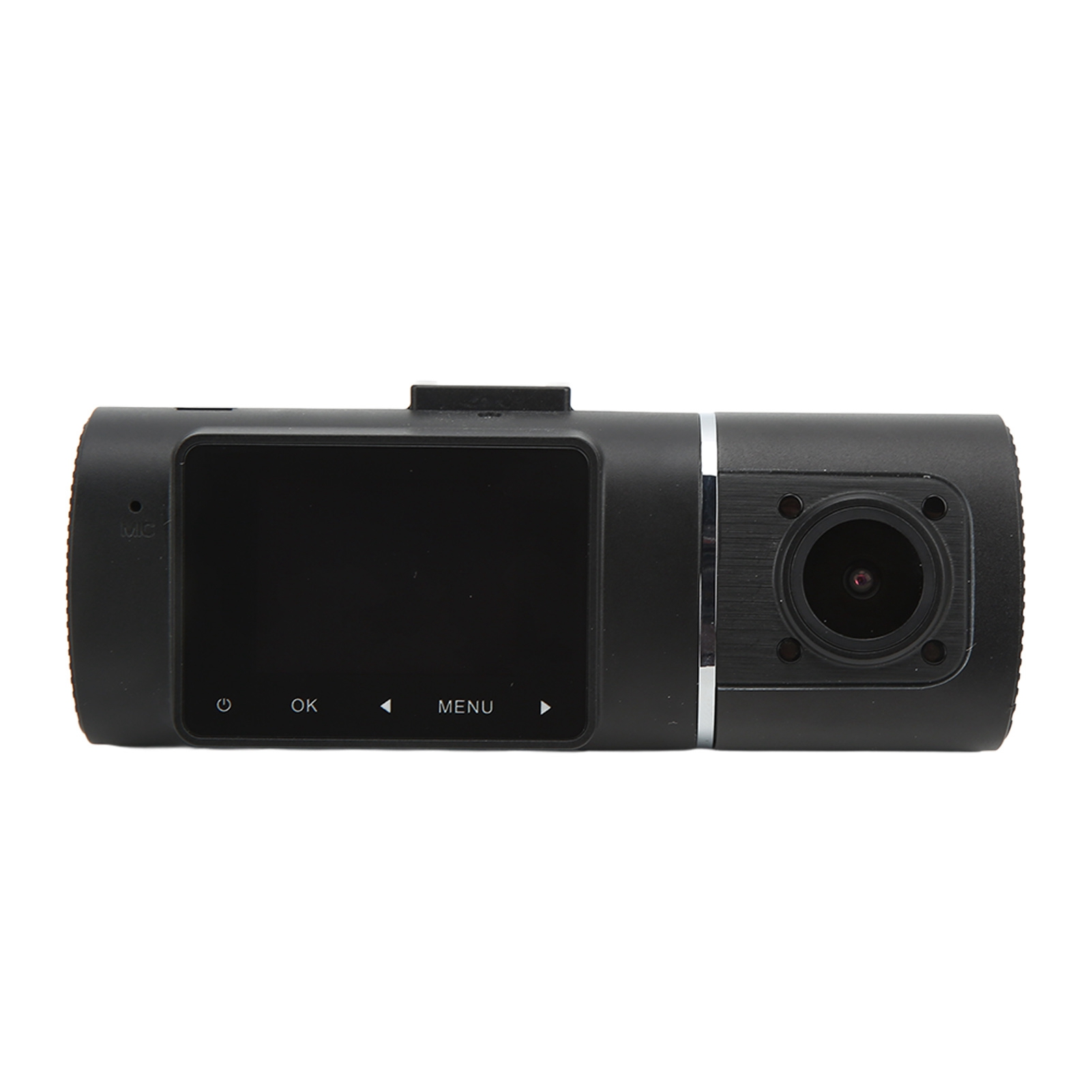 Schwarze Dashcam auf weißem Hintergrund. Es hat einen Bildschirm, Knöpfe und eine Linse. Mic ist auch sichtbar.