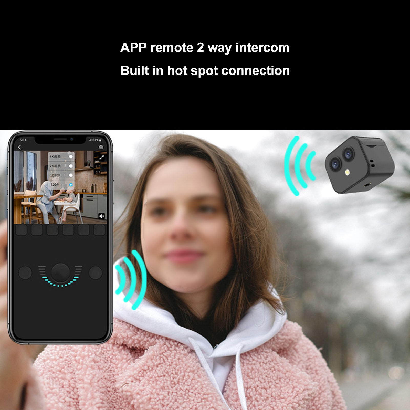 Eine Frau hält ein Telefon mit einem Live-Video-Feed. Eine schwarze Kamera befindet sich im Hintergrund, mit WLAN-Symbolen.