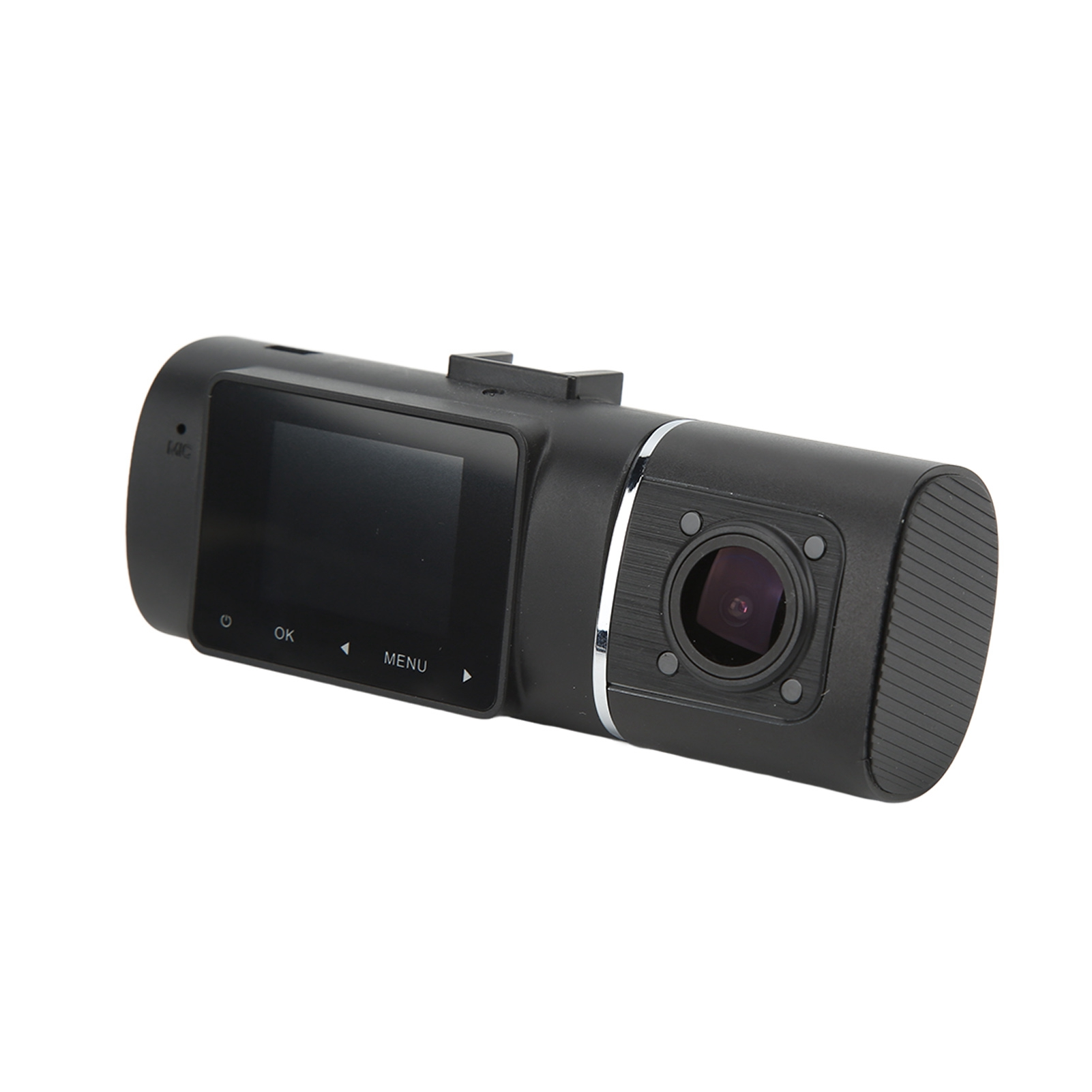 Schwarze Dashcam mit Bildschirm, Objektiv und Tasten. Silberne Zierleiste. Zeigt 'OK', 'MENU'. Auf weißem Hintergrund.