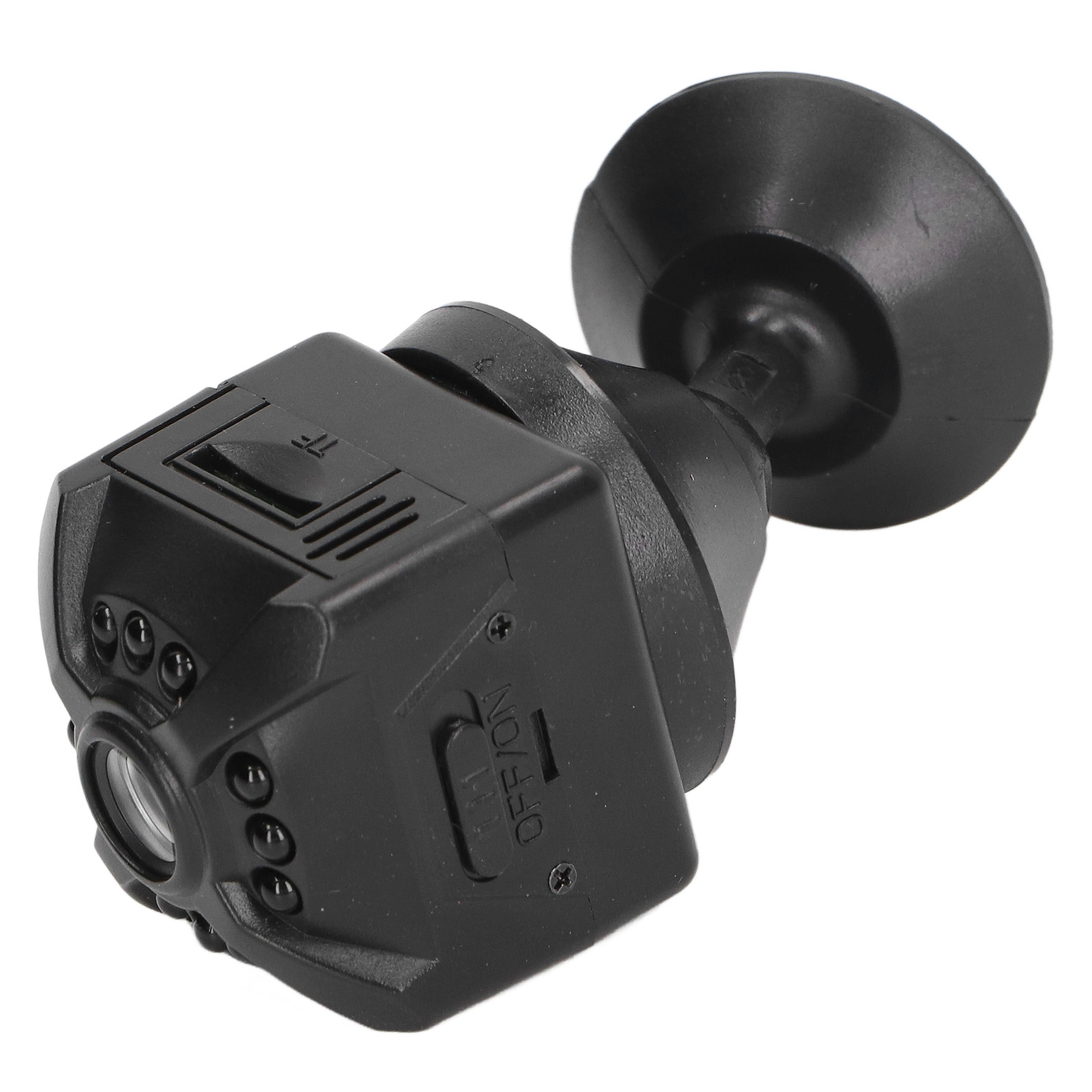 Eine schwarze Mini-Kamera mit Saugnapfhalterung. Sie hat einen Ein-/Ausschalter und ein Objektiv.