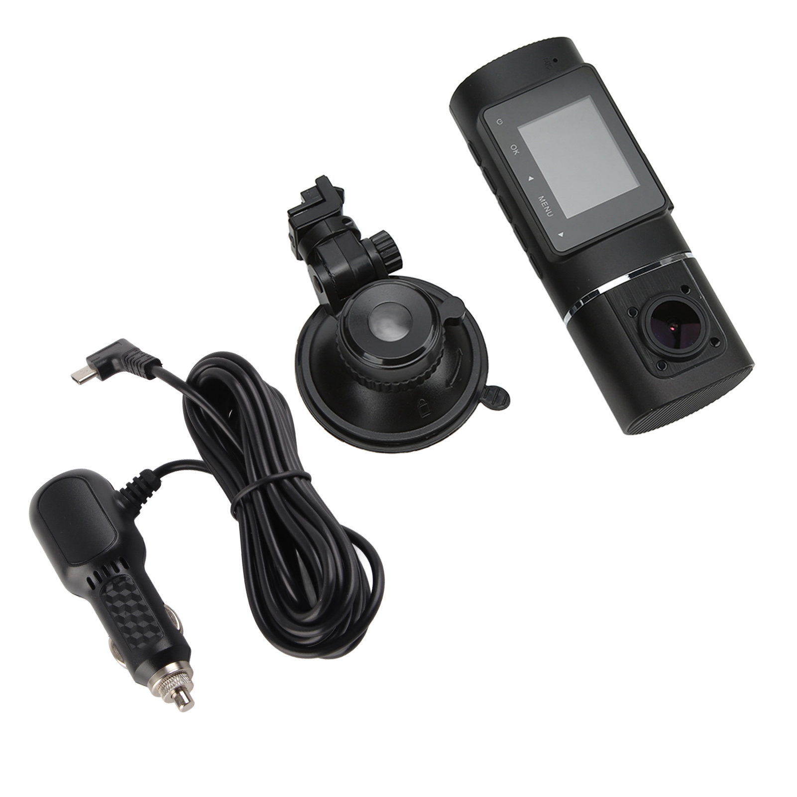 Schwarze Dashcam mit Saugnapfhalterung, Netzkabel und Autoladegerät auf weißem Hintergrund. Kamera hat Bildschirm und Linse.