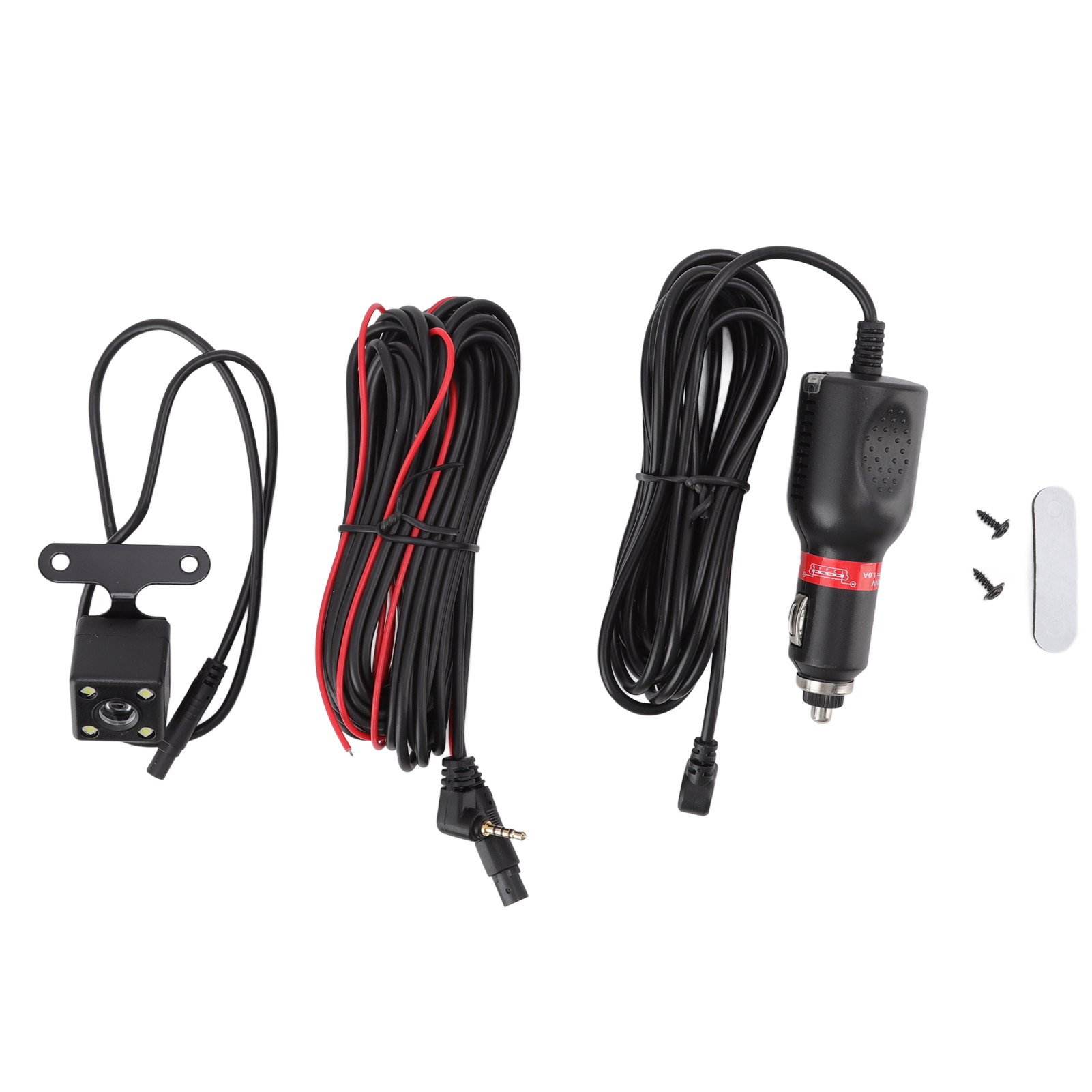 Rückfahrkamerakit. Enthält Kamera, Verkabelung und Netzteil. Schwarze Kabel mit rotem Streifen. Weißer Hintergrund.