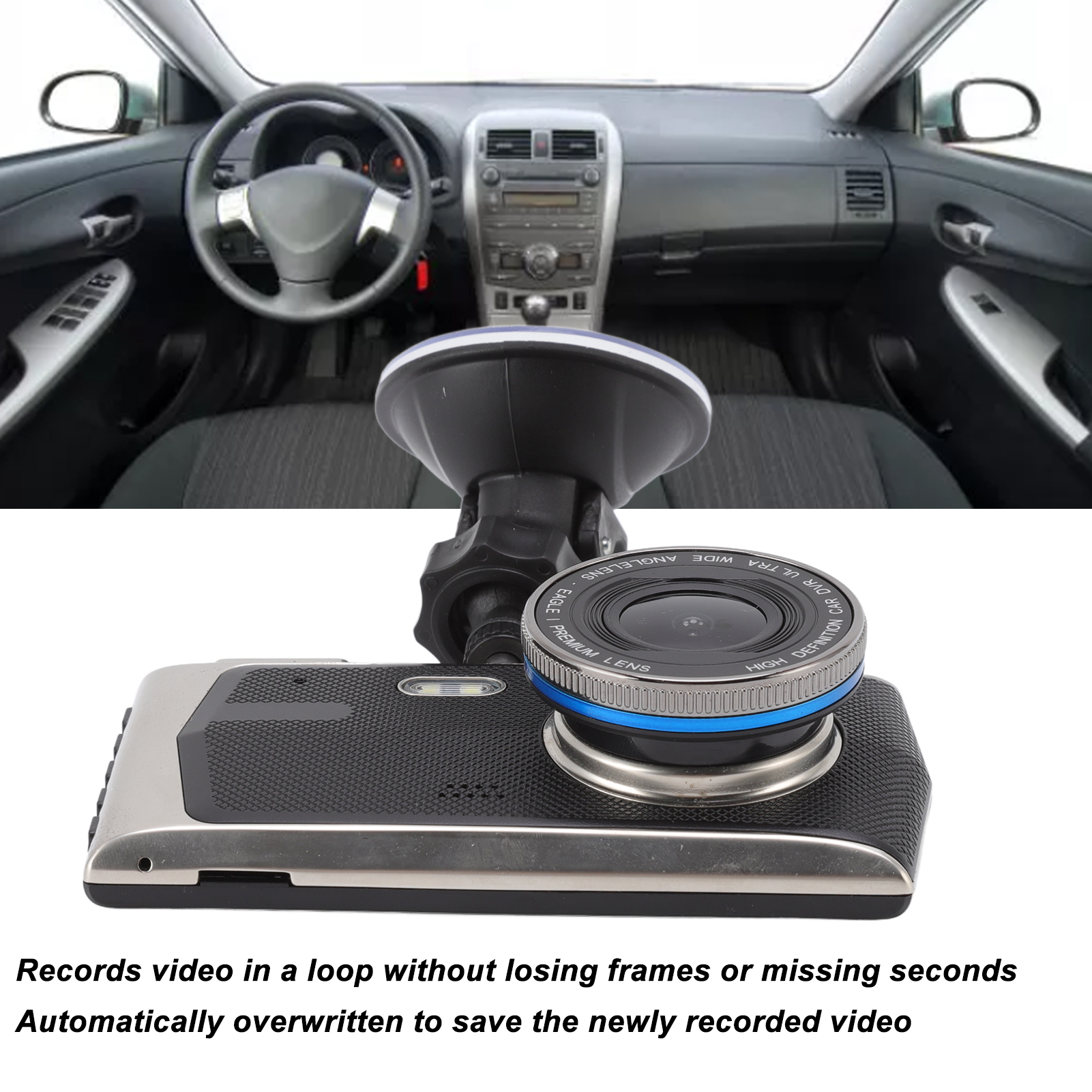 Dashcam mit Linse, an der Windschutzscheibe eines Autos befestigt. Autointerieur im Hintergrund. Text: zeichnet Video auf, wird automatisch überschrieben.