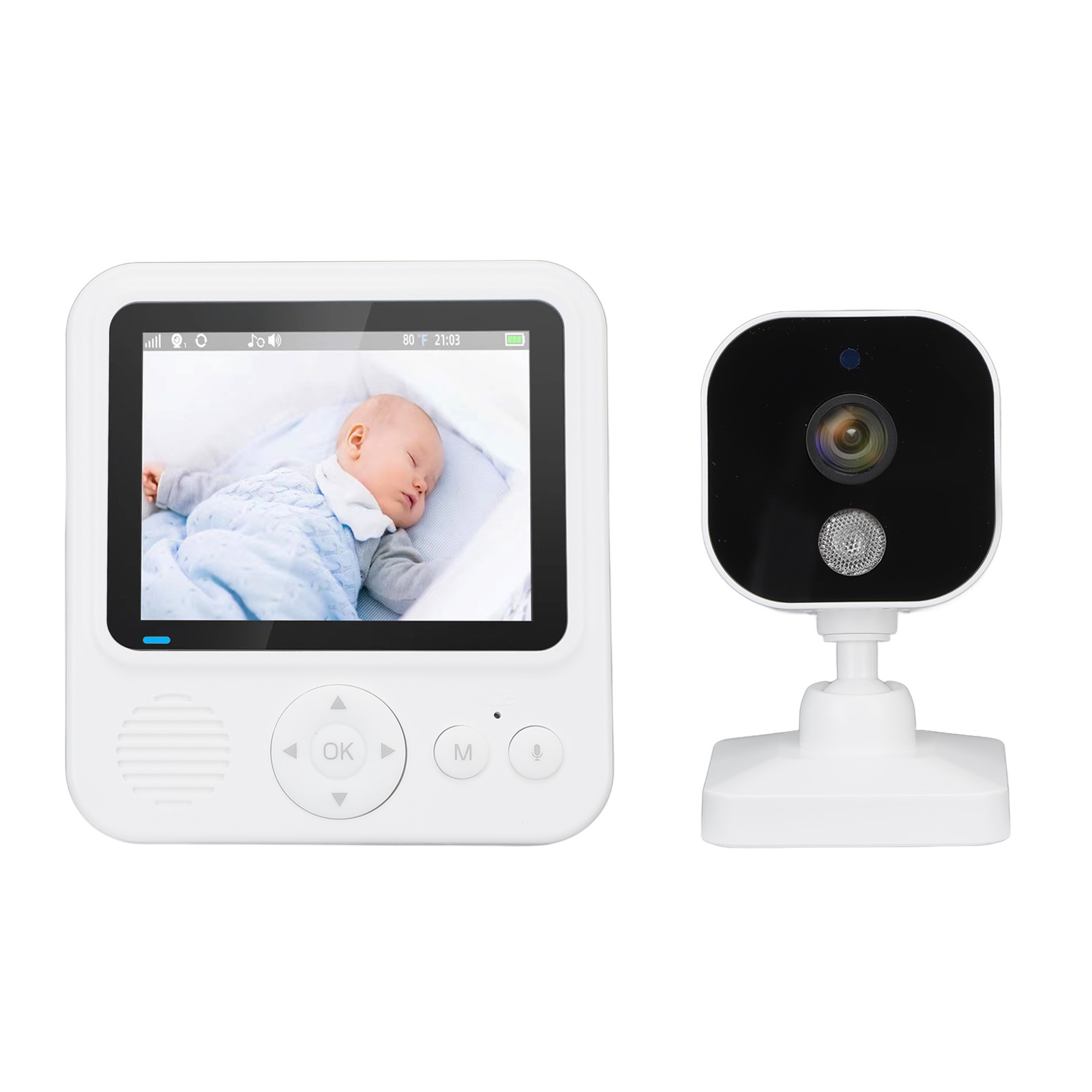 Ein Babyphone zeigt ein schlafendes Baby. Daneben befindet sich eine Kamera. Beide sind weiß.