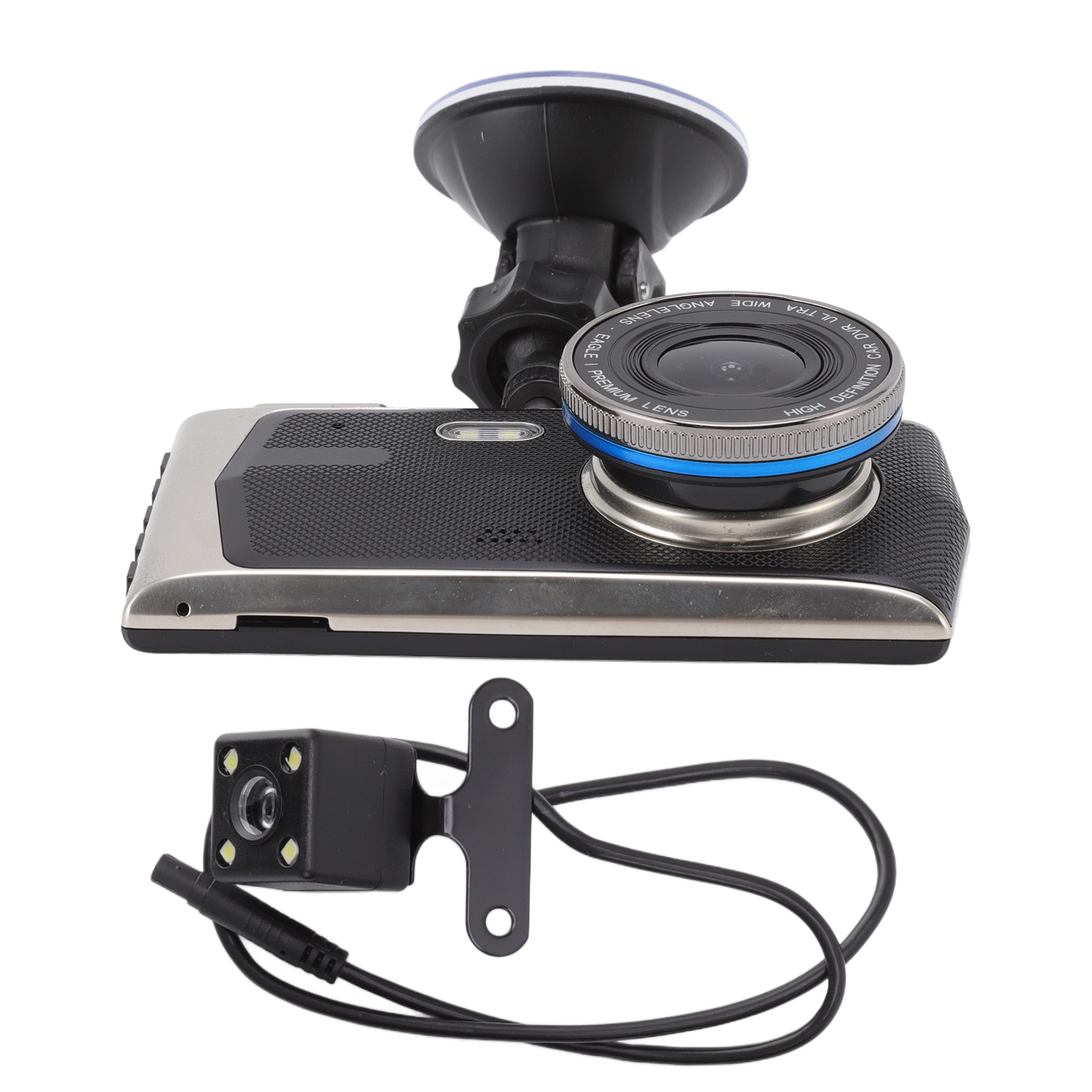 Ein Auto-Dashcam mit Weitwinkelobjektiv ist an einem Saugnapf befestigt. Eine separate, kleine Kamera befindet sich darunter, verbunden mit Kabeln.