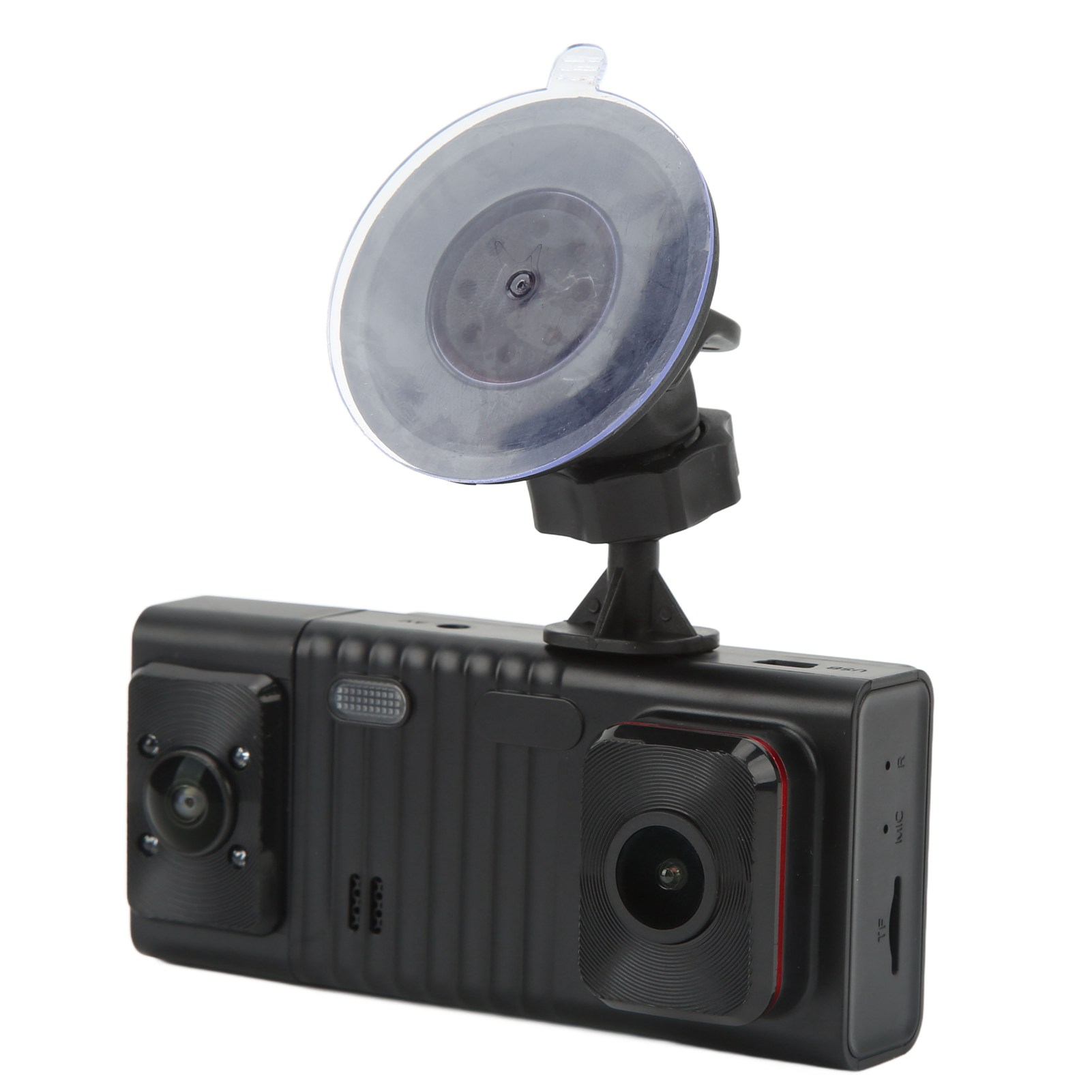 Schwarze Dashcam mit Saugnapfhalterung. Verfügt über zwei Objektive, einen transparenten Saugnapf und verschiedene Anschlüsse.
