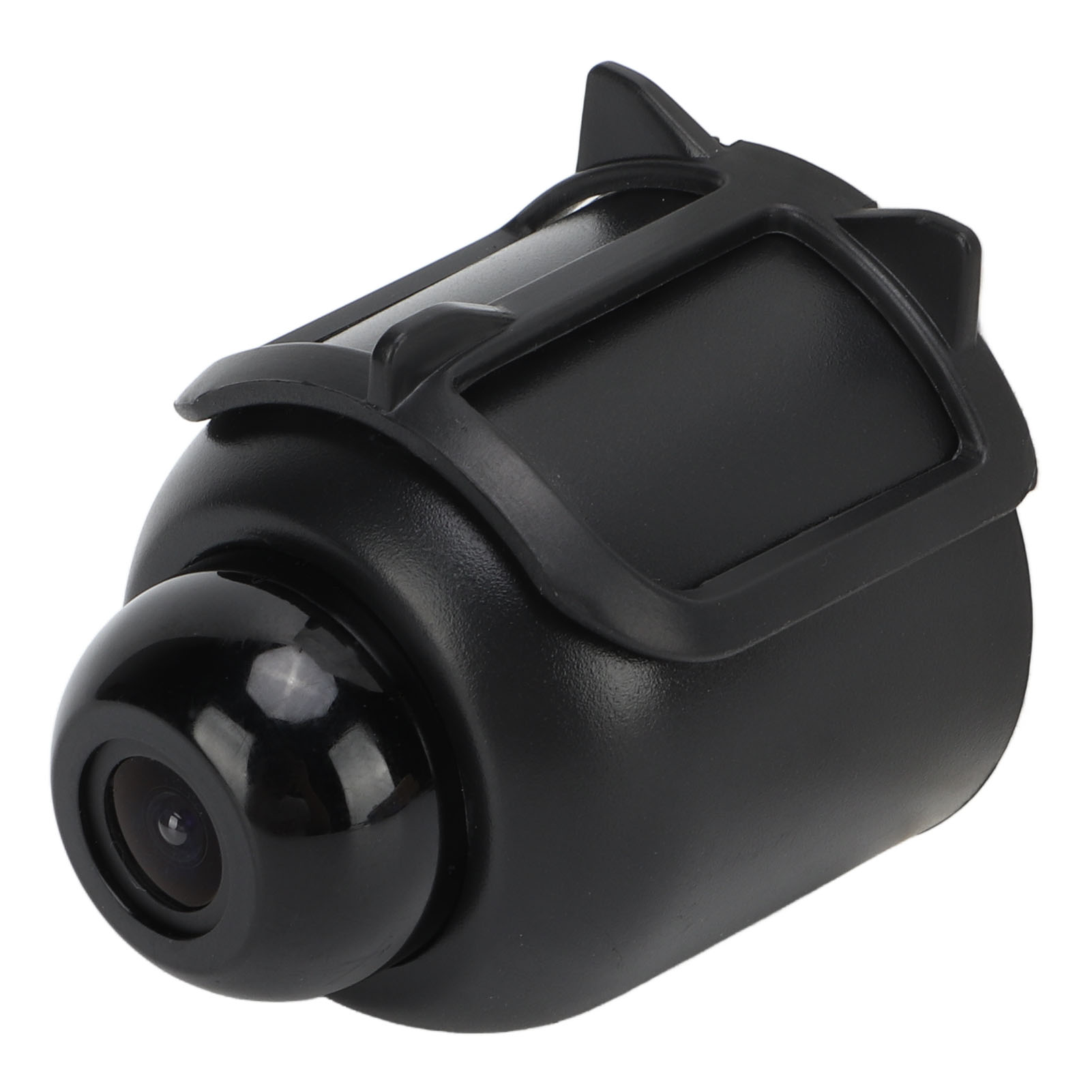 Eine schwarze Kamera mit abgerundeter Linse und Schutzrahmen. Die Kamera befindet sich auf weißem Hintergrund.