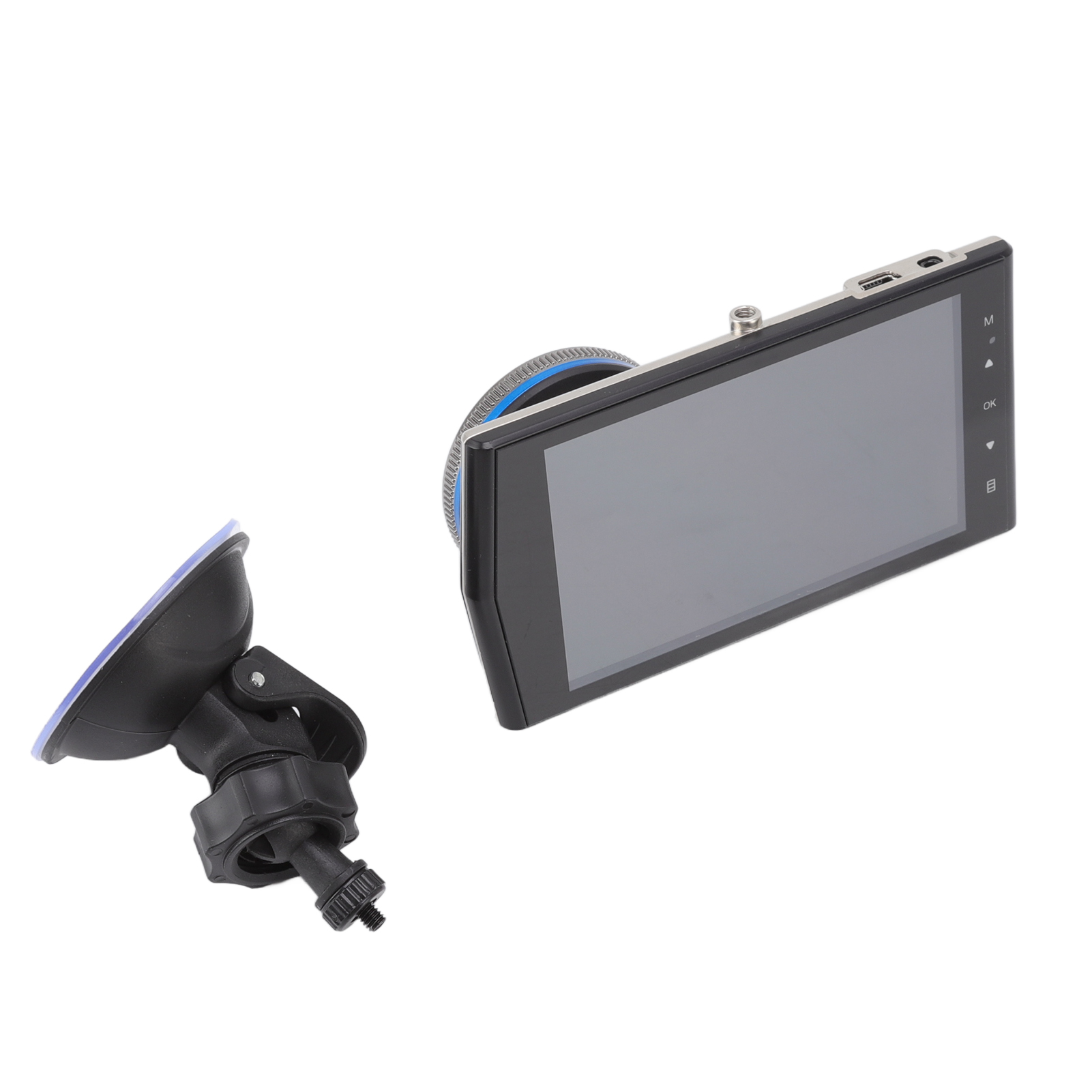 Ein Auto-Dashcam und eine Saugnapfhalterung liegen auf weißem Hintergrund. Die Dashcam hat einen Bildschirm und Tasten.