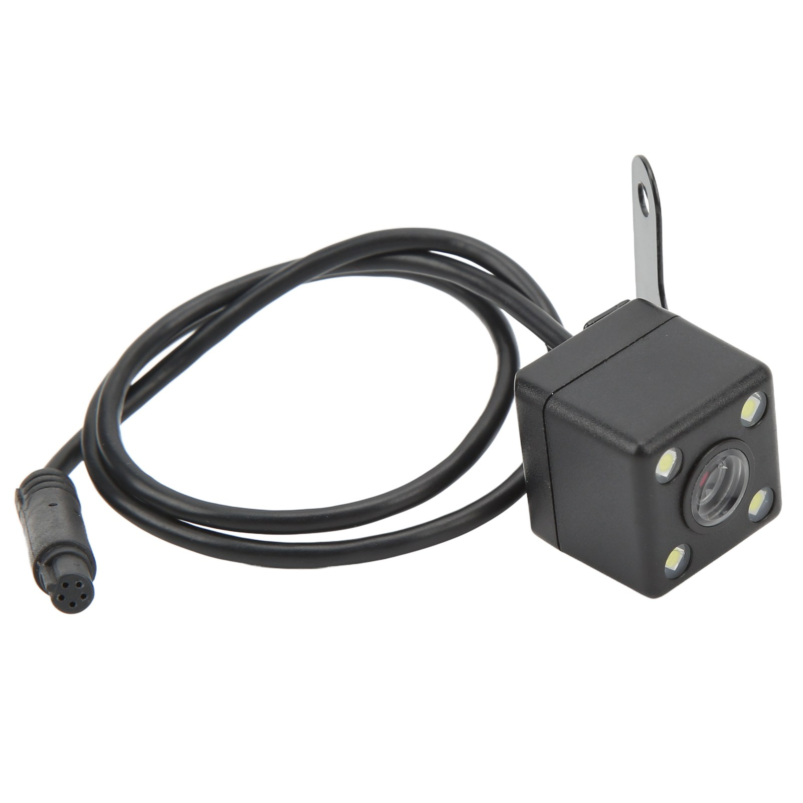 Schwarze Auto-Rückfahrkamera. Verfügt über eine quadratische Kamera mit vier LED-Leuchten, einem Objektiv und einem Anschlusskabel.