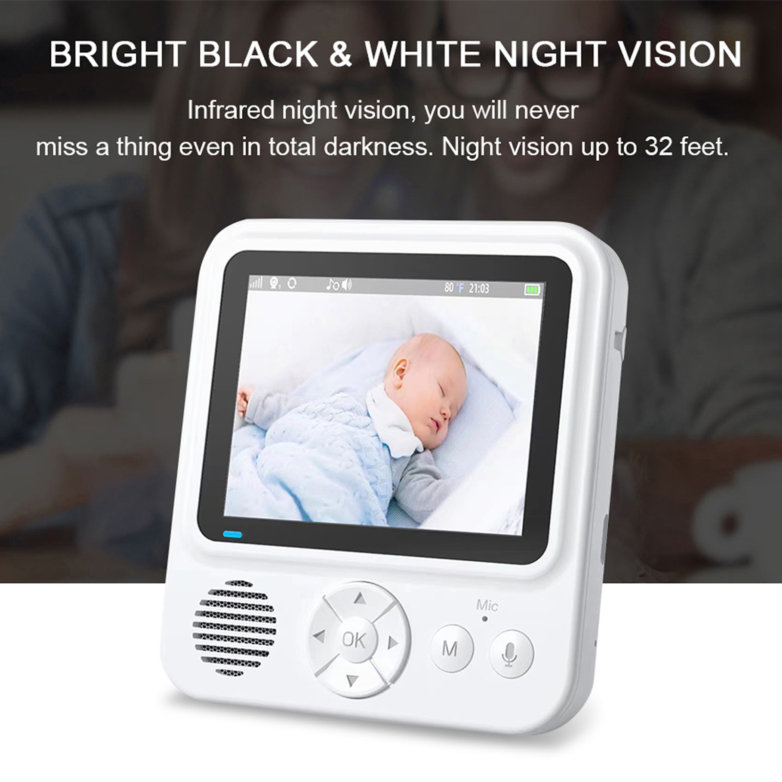 Ein weißer Baby-Monitor zeigt ein schlafendes Baby. Es hat Knöpfe und einen Lautsprecher. Der Text lautet 'Nachtsicht'.