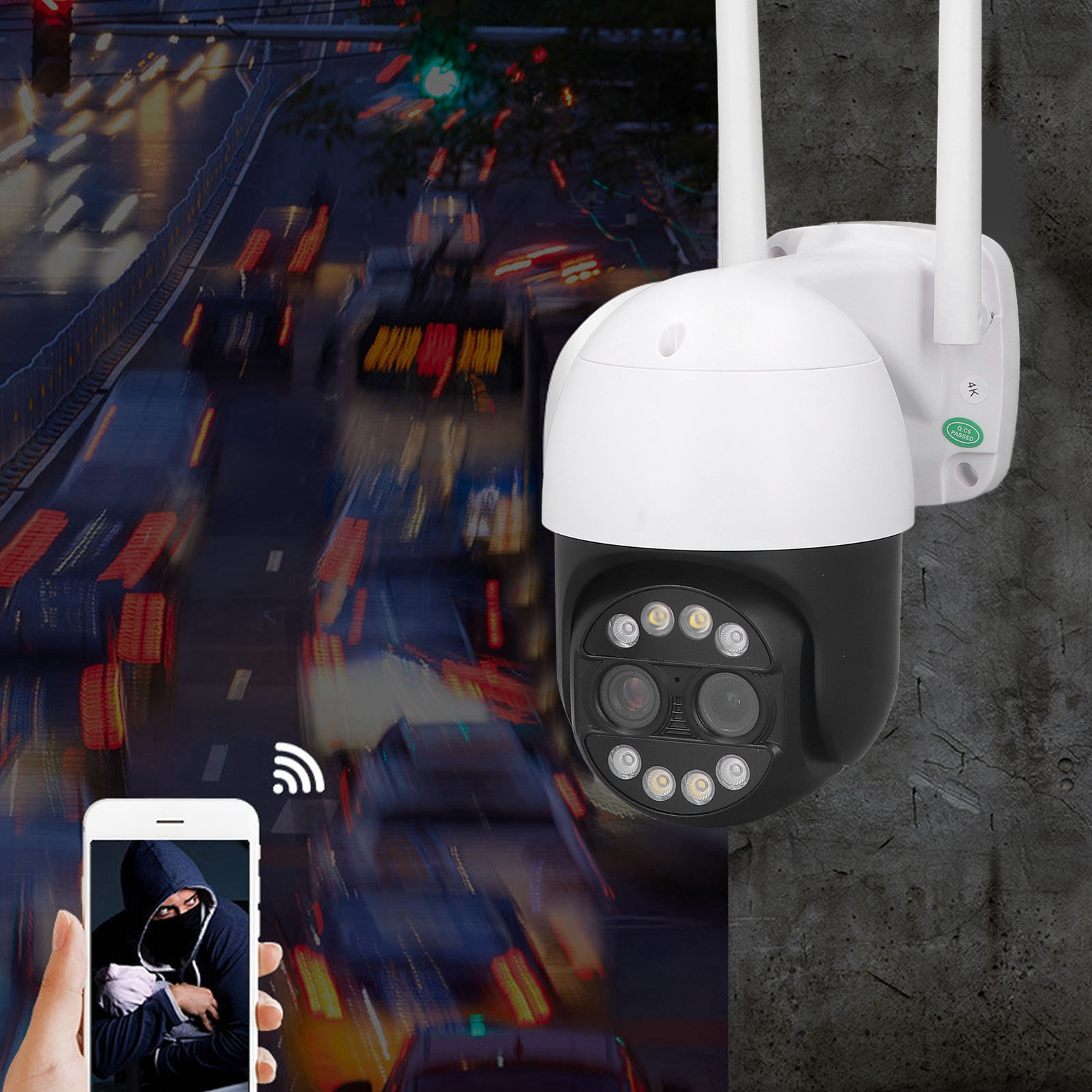 Eine Überwachungskamera mit Antennen, an einer Wand montiert, überblickt eine belebte Straße. Ein Telefon zeigt eine Person im Kapuzenpullover.