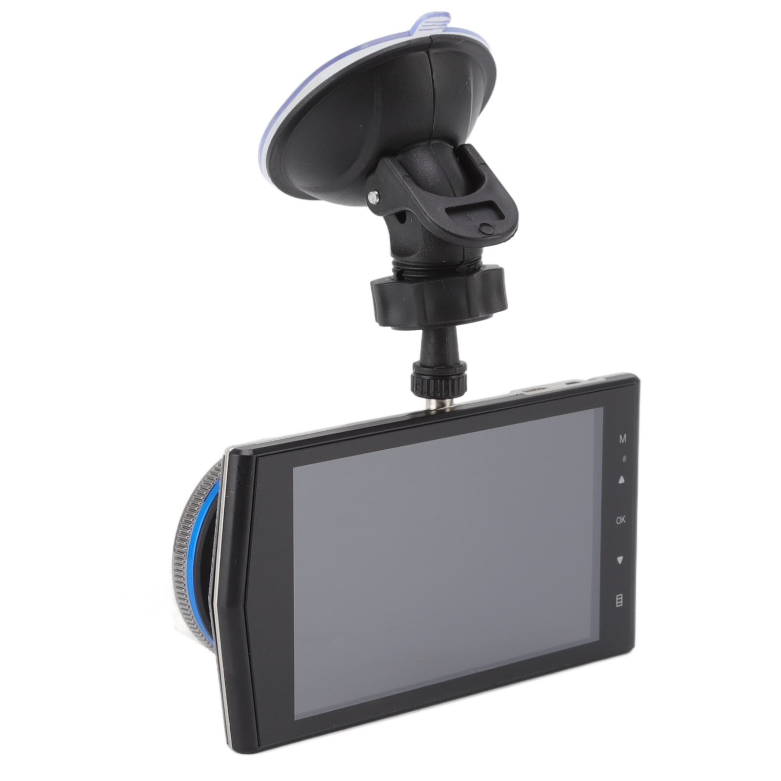 Eine schwarze Dashcam mit Saugnapfhalterung. Der Bildschirm ist grau. Die Kamera befindet sich auf weißem Hintergrund.